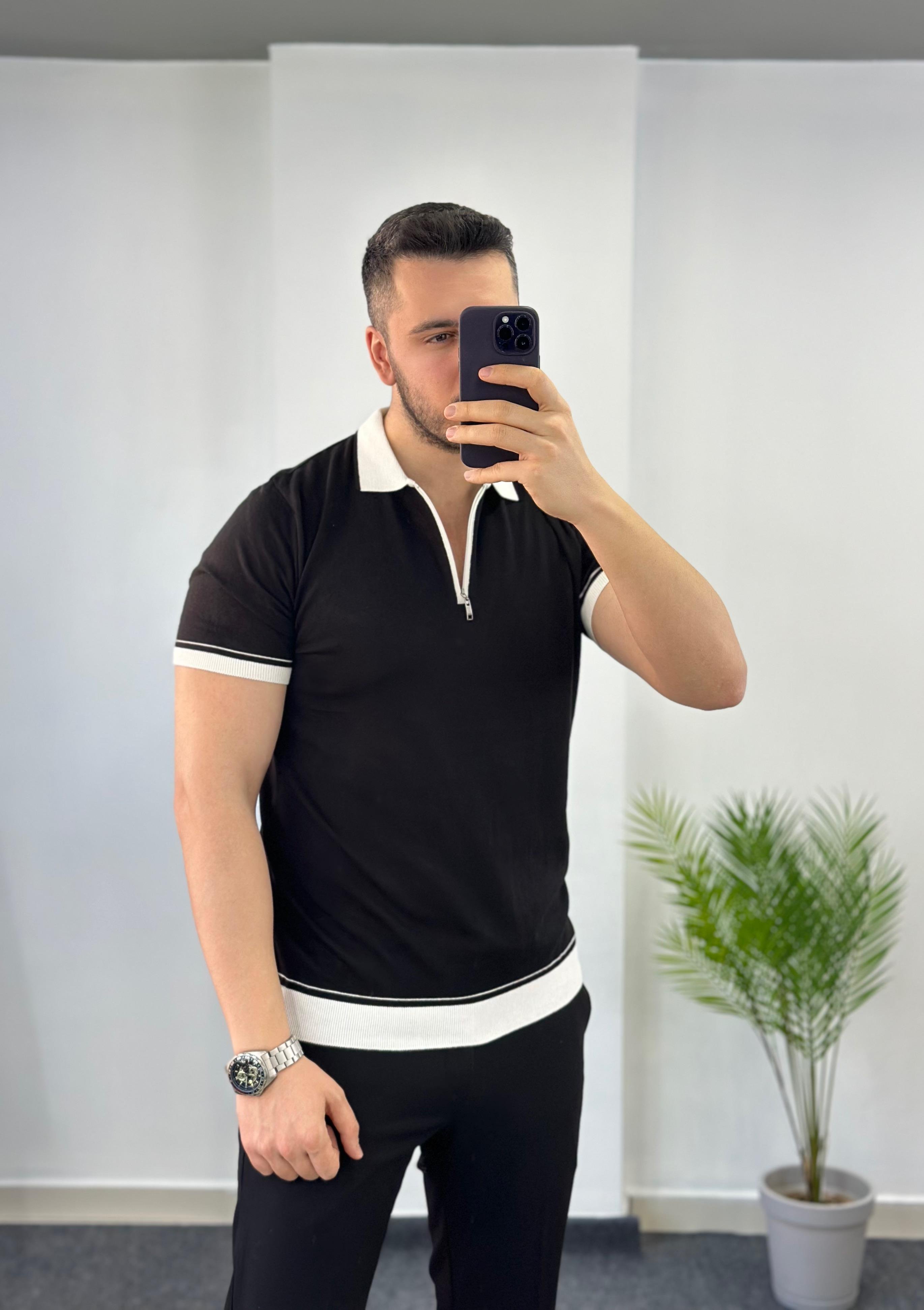 Siyah Beyaz Fermuarlı Triko Tişört