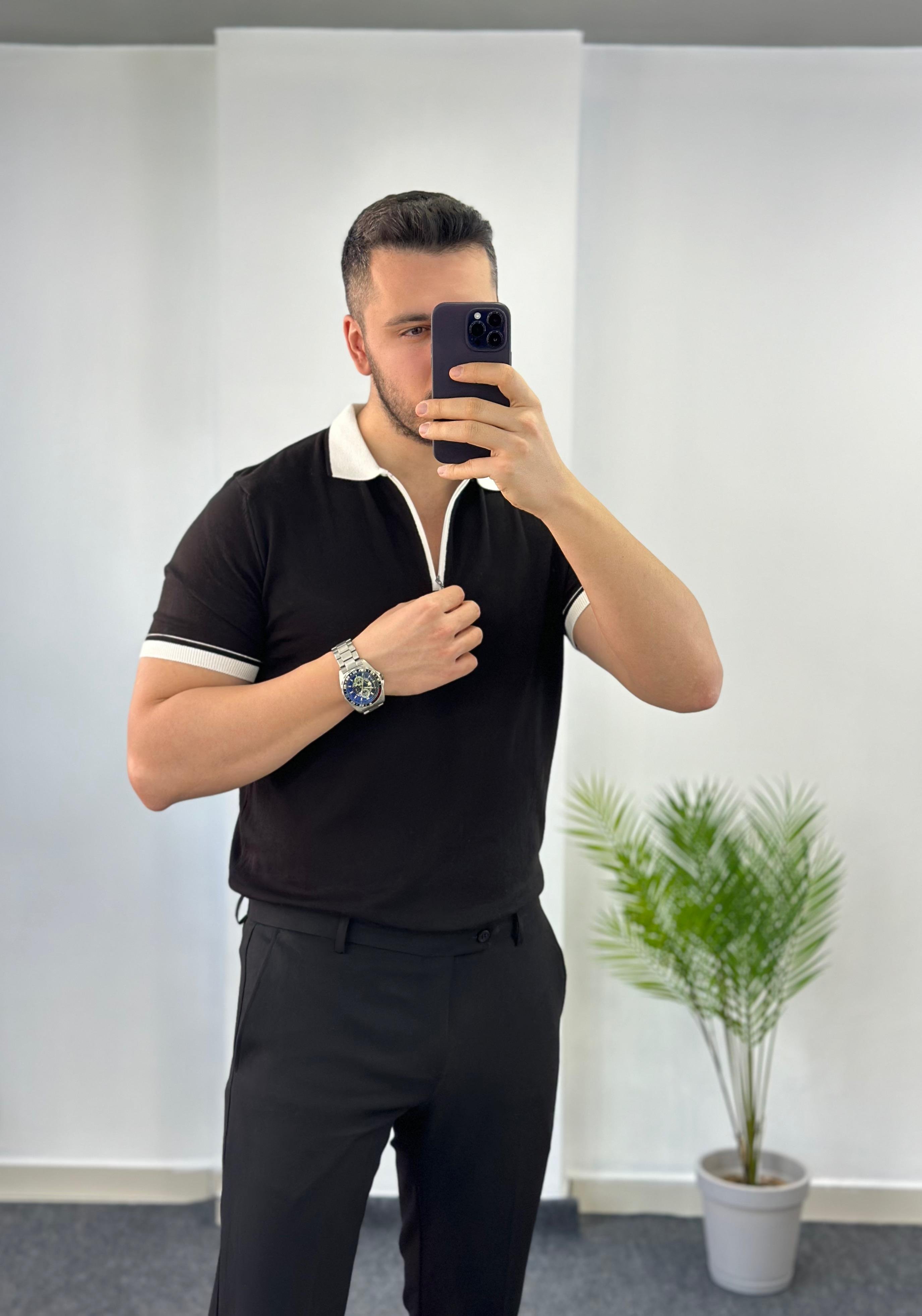 Siyah Beyaz Fermuarlı Triko Tişört