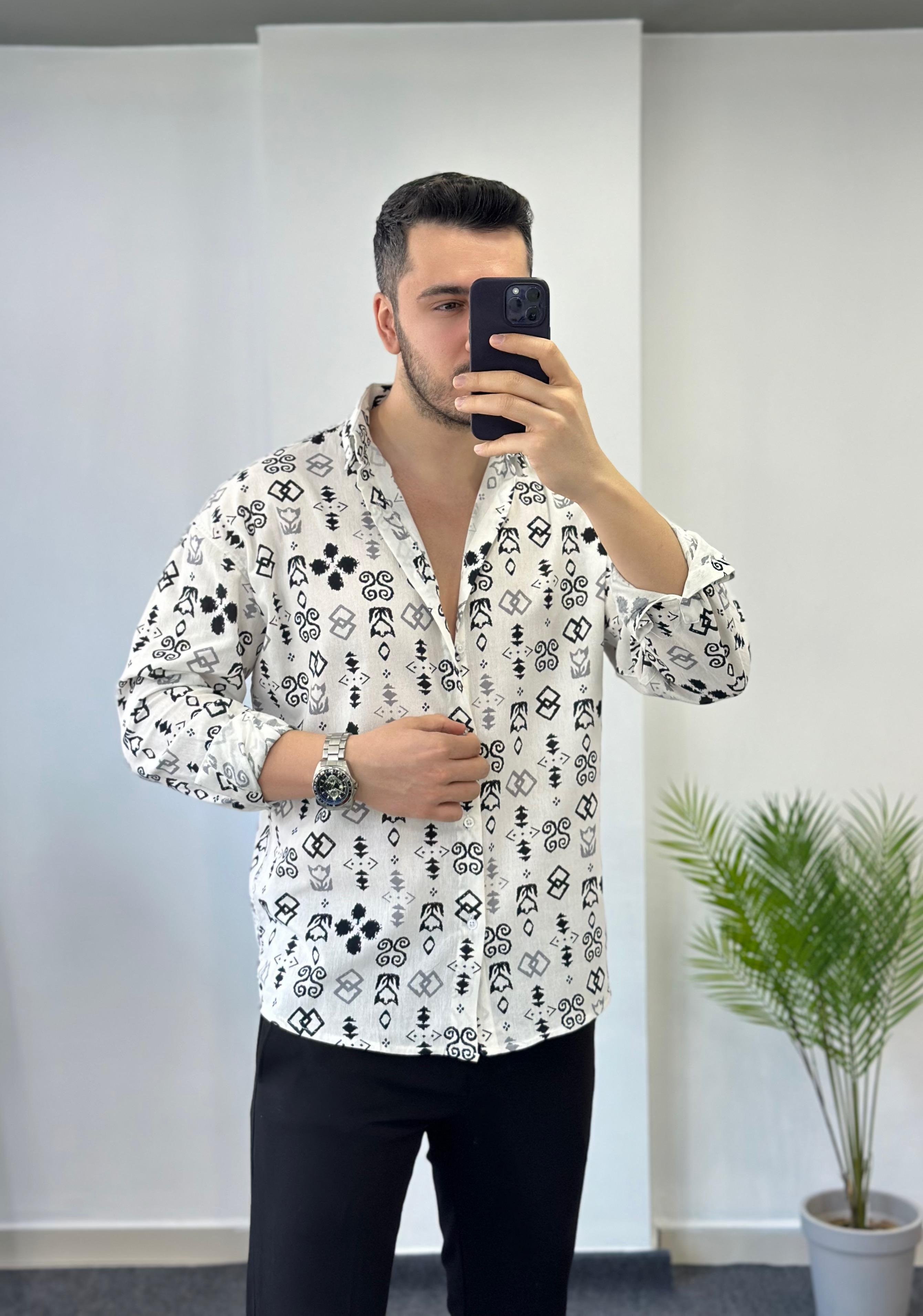 Siyah Desen Oversize Keten Gömlek