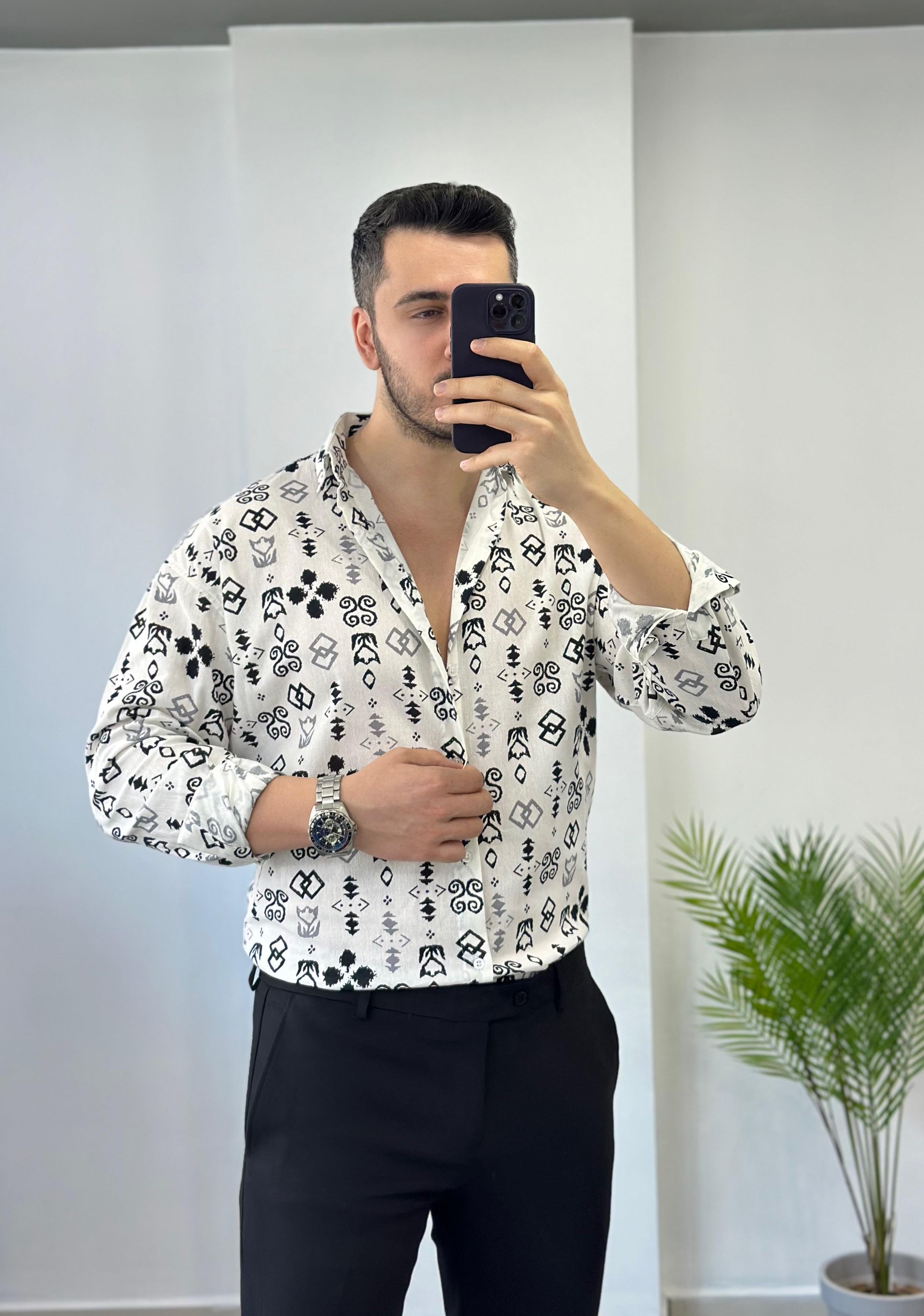 Siyah Desen Oversize Keten Gömlek