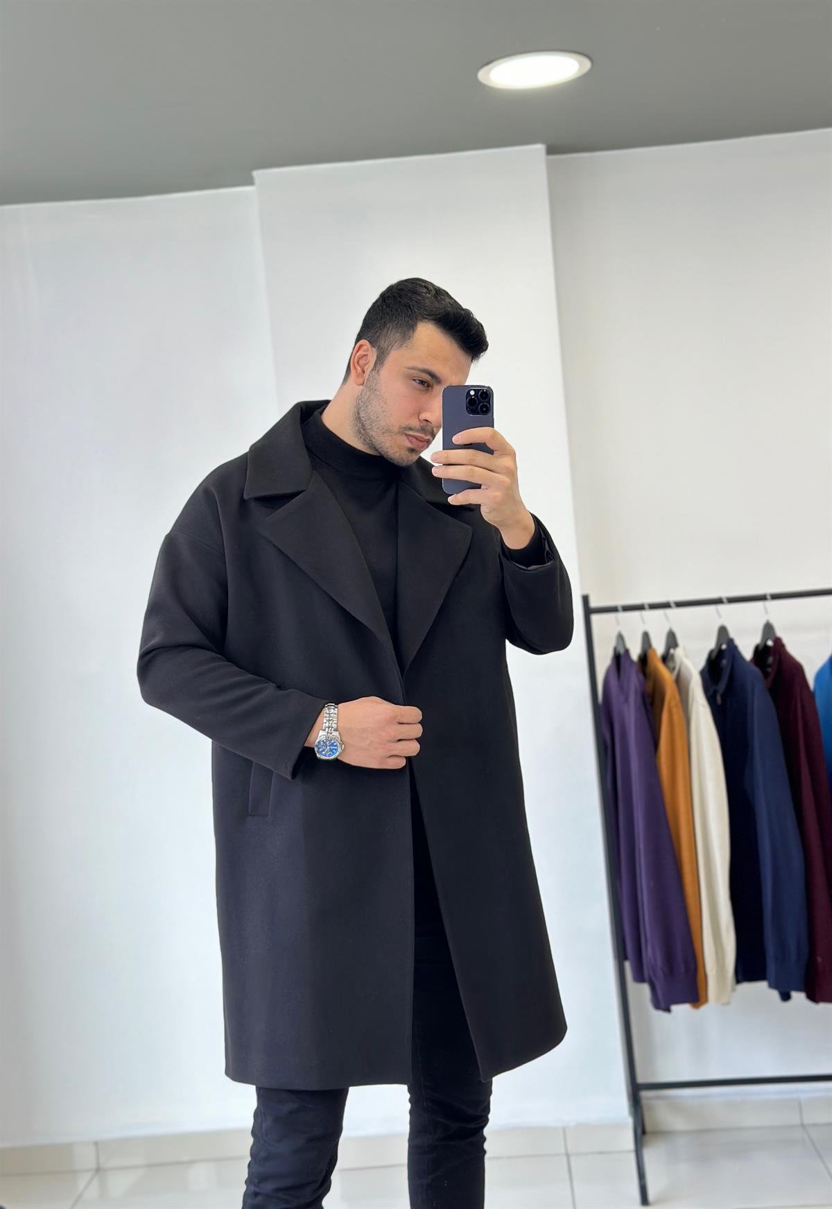 Siyah Oversize Kaşe Kaban