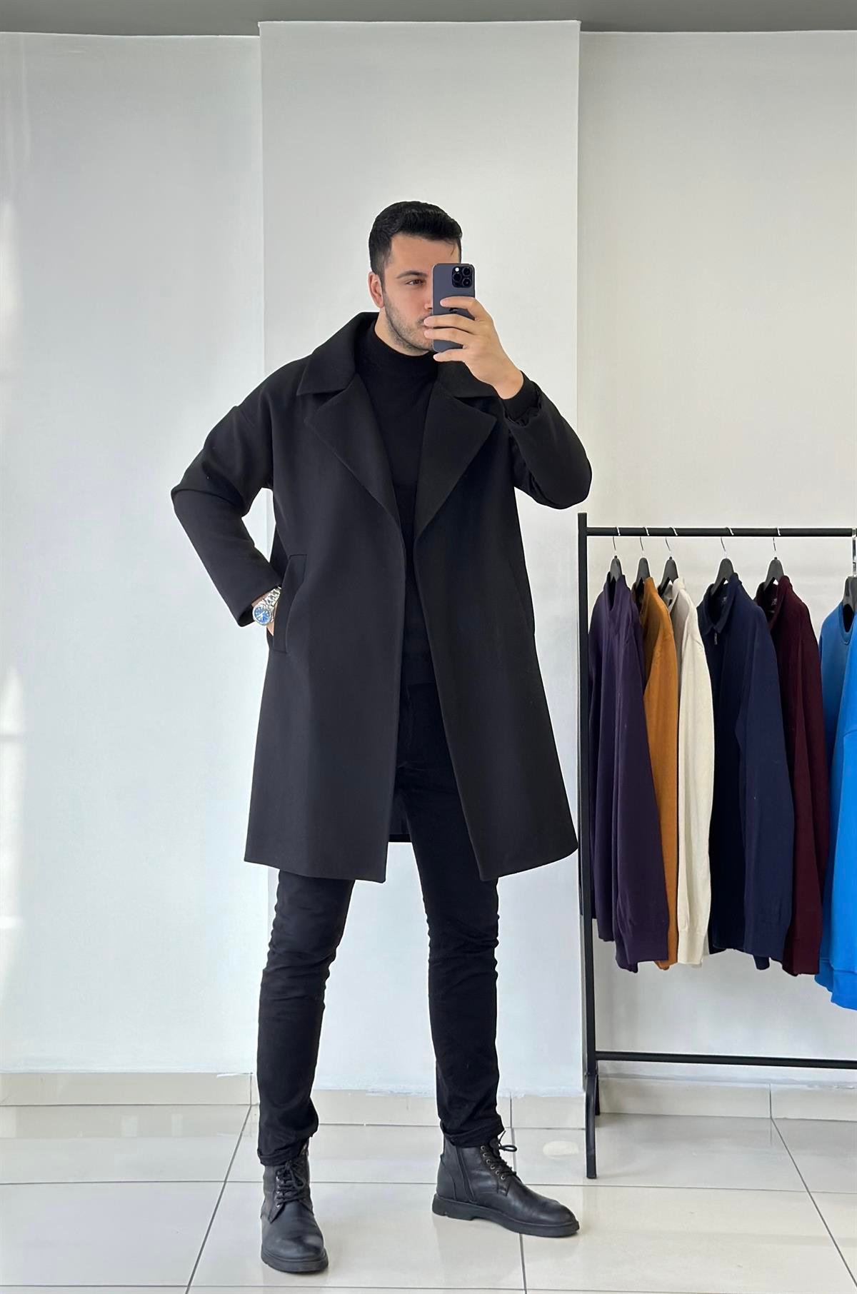 Siyah Oversize Kaşe Kaban