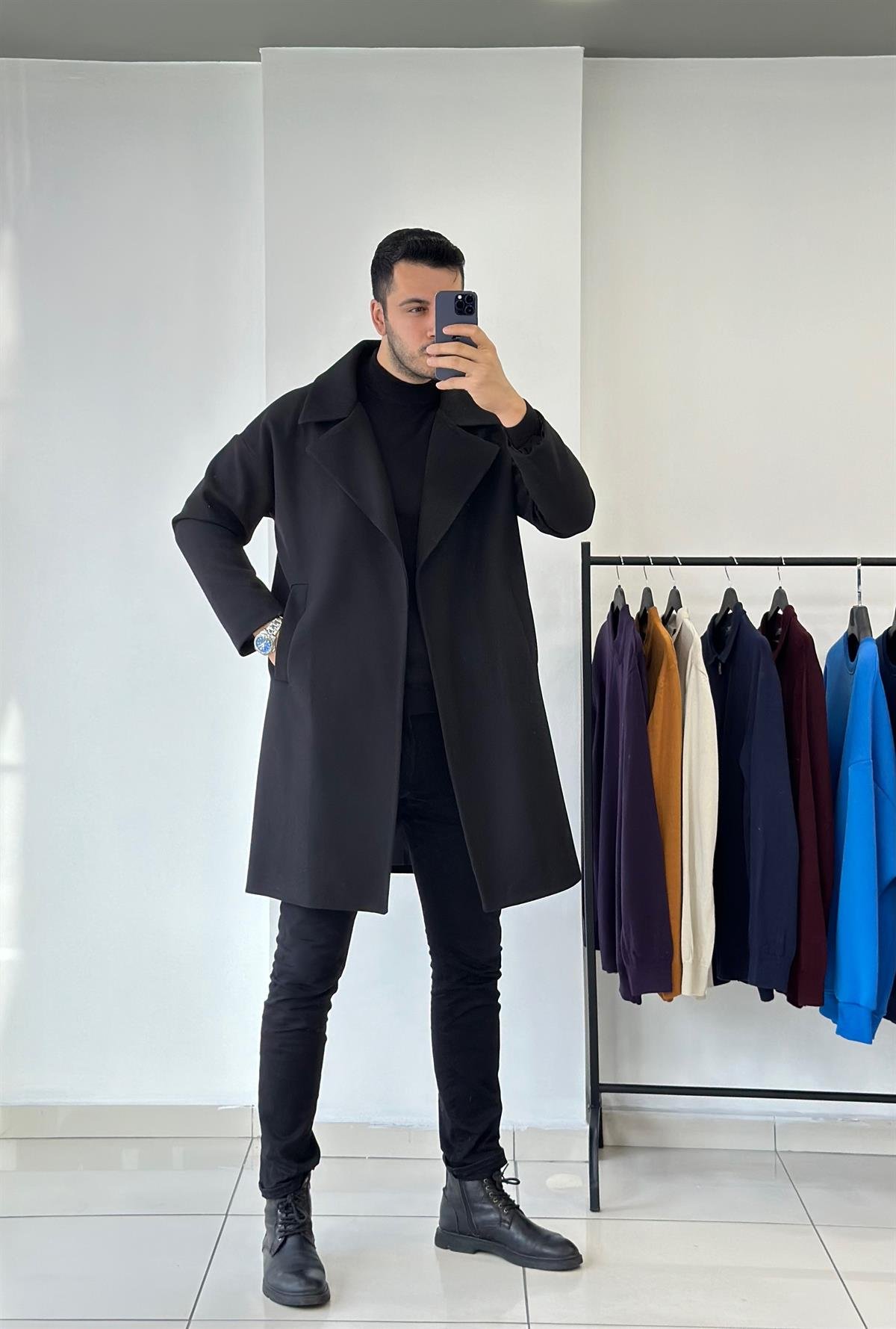 Siyah Oversize Kaşe Kaban