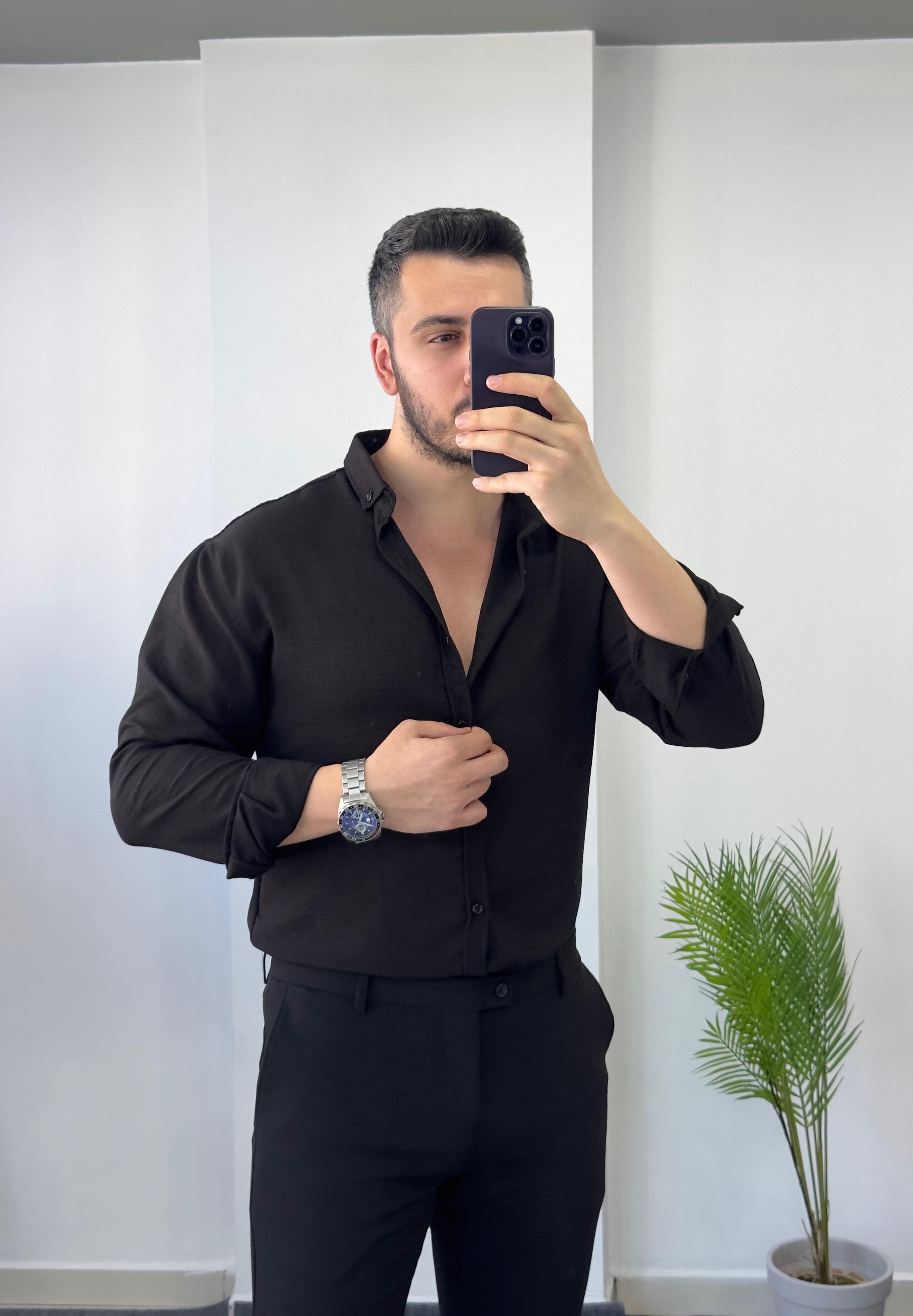 Siyah Yarım Oversize Keten Gömlek 