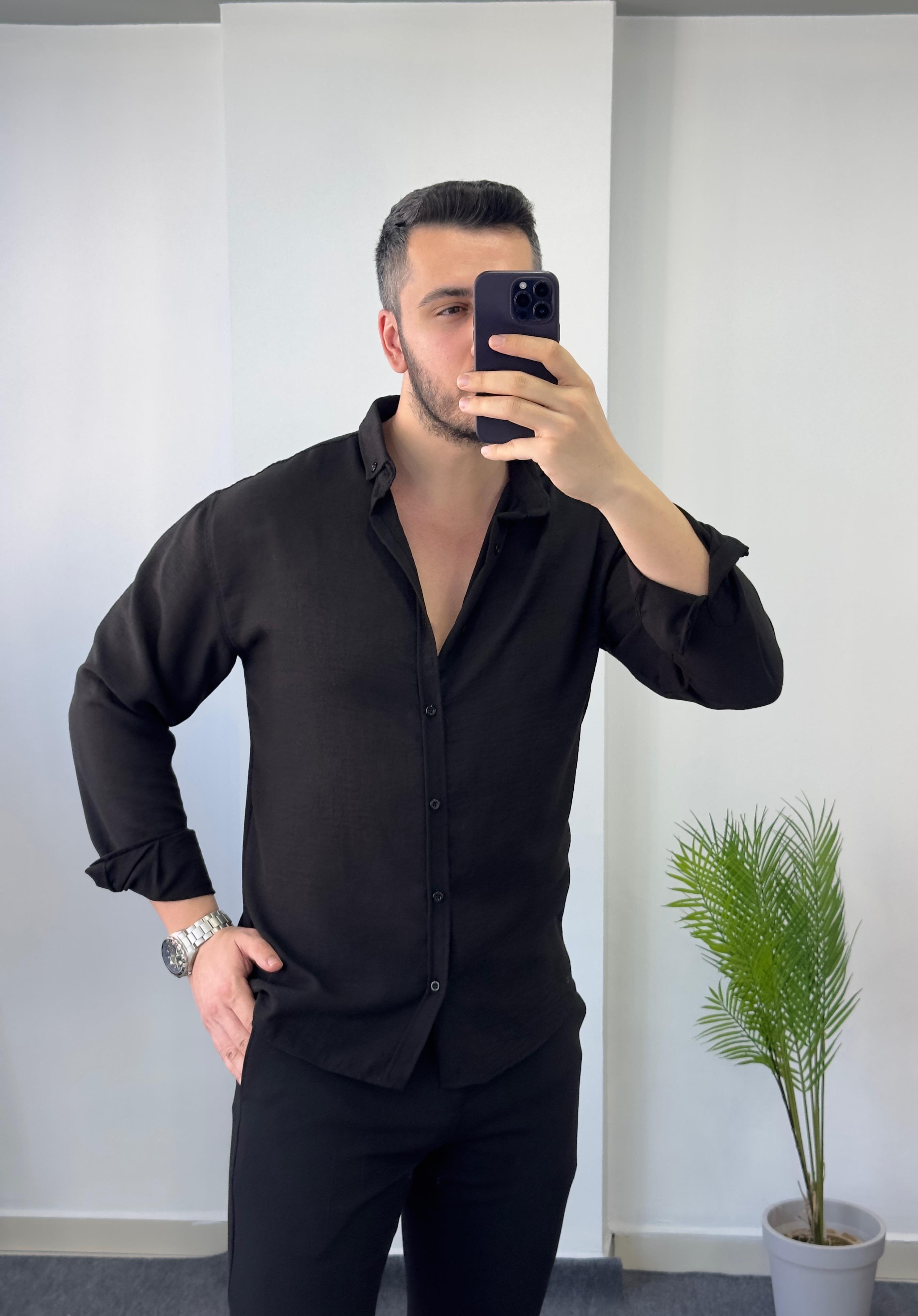 Siyah Yarım Oversize Keten Gömlek 