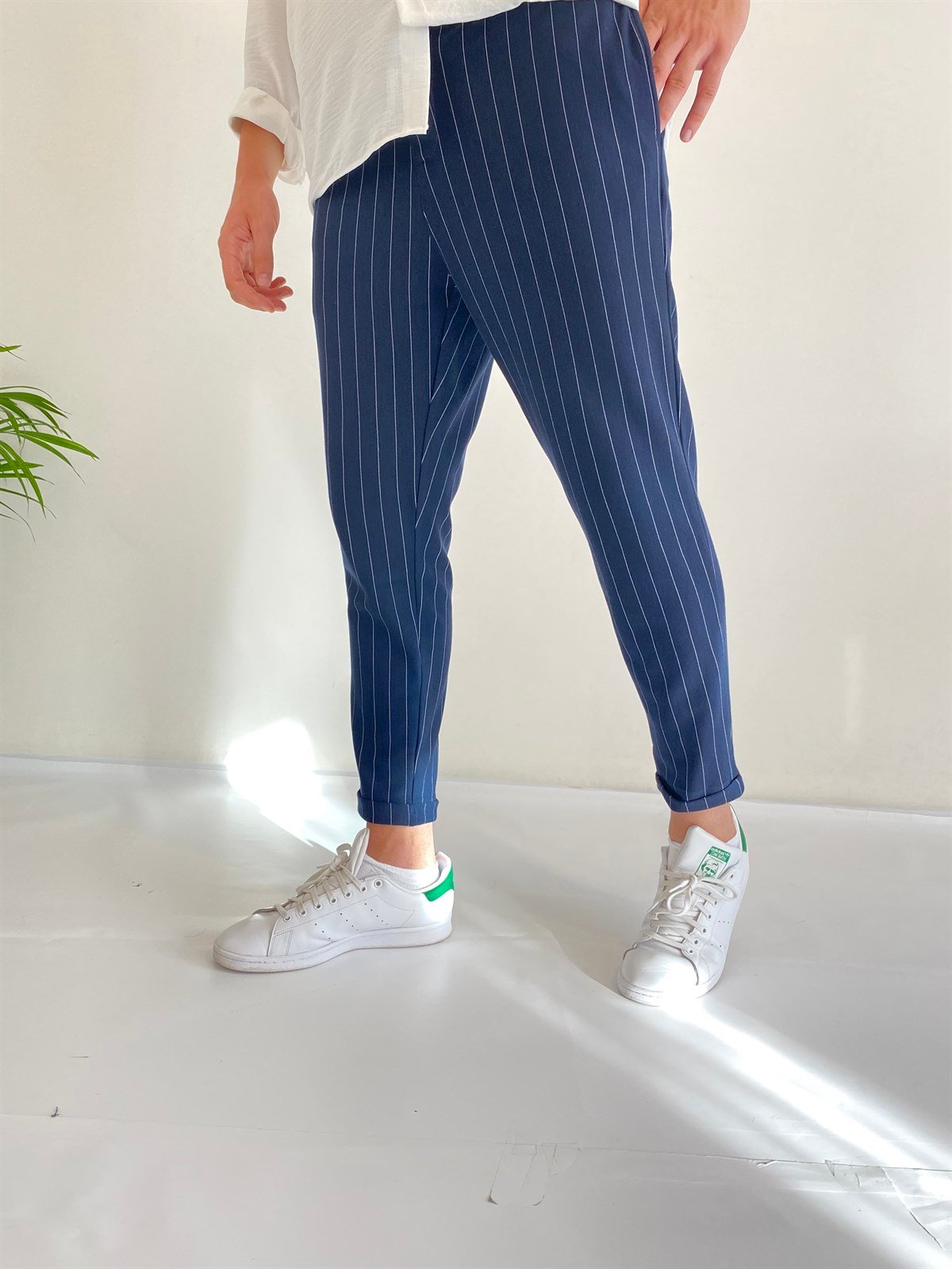 Slim Fıt Çizgili Pantolon