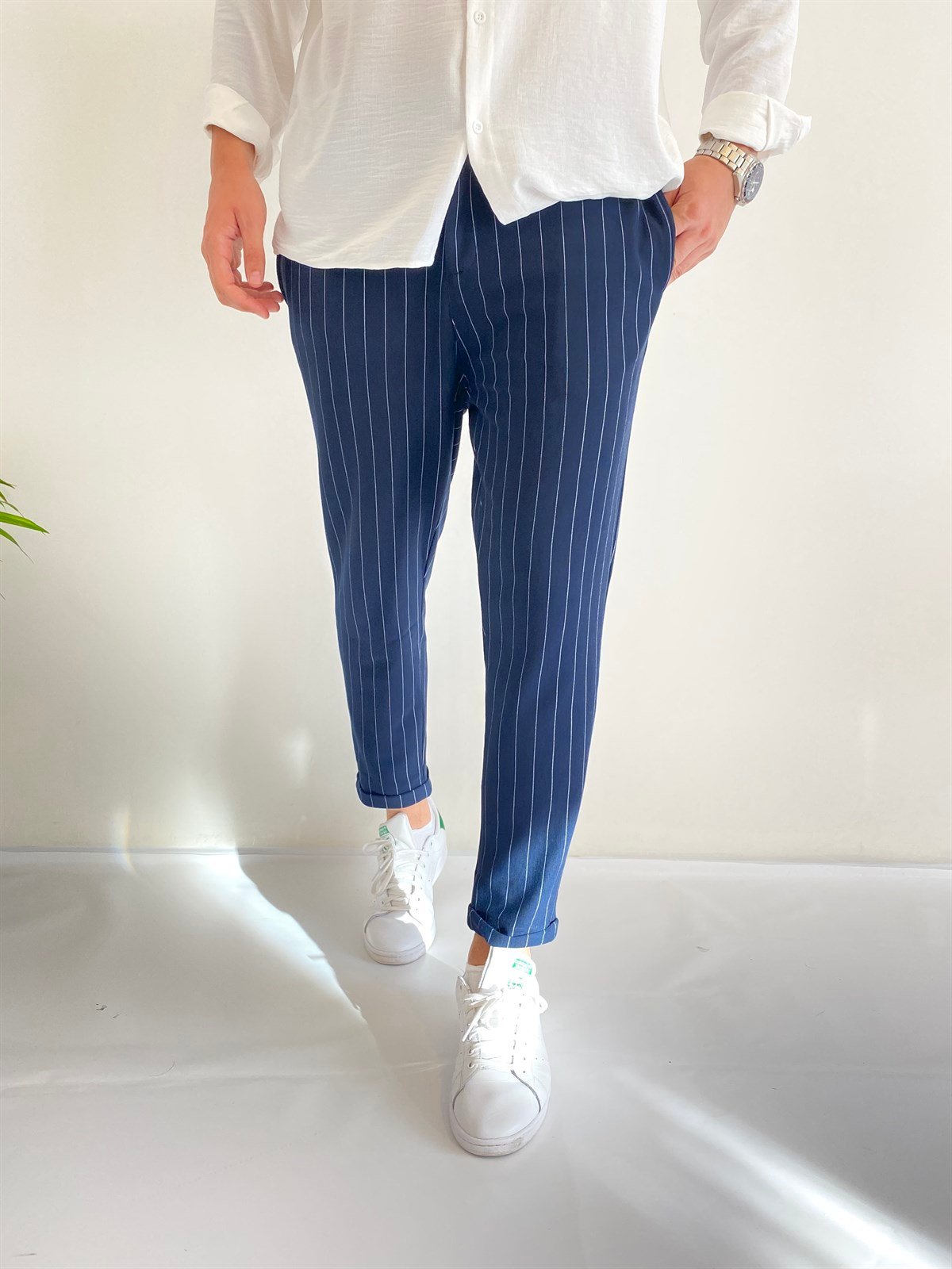 Slim Fıt Çizgili Pantolon