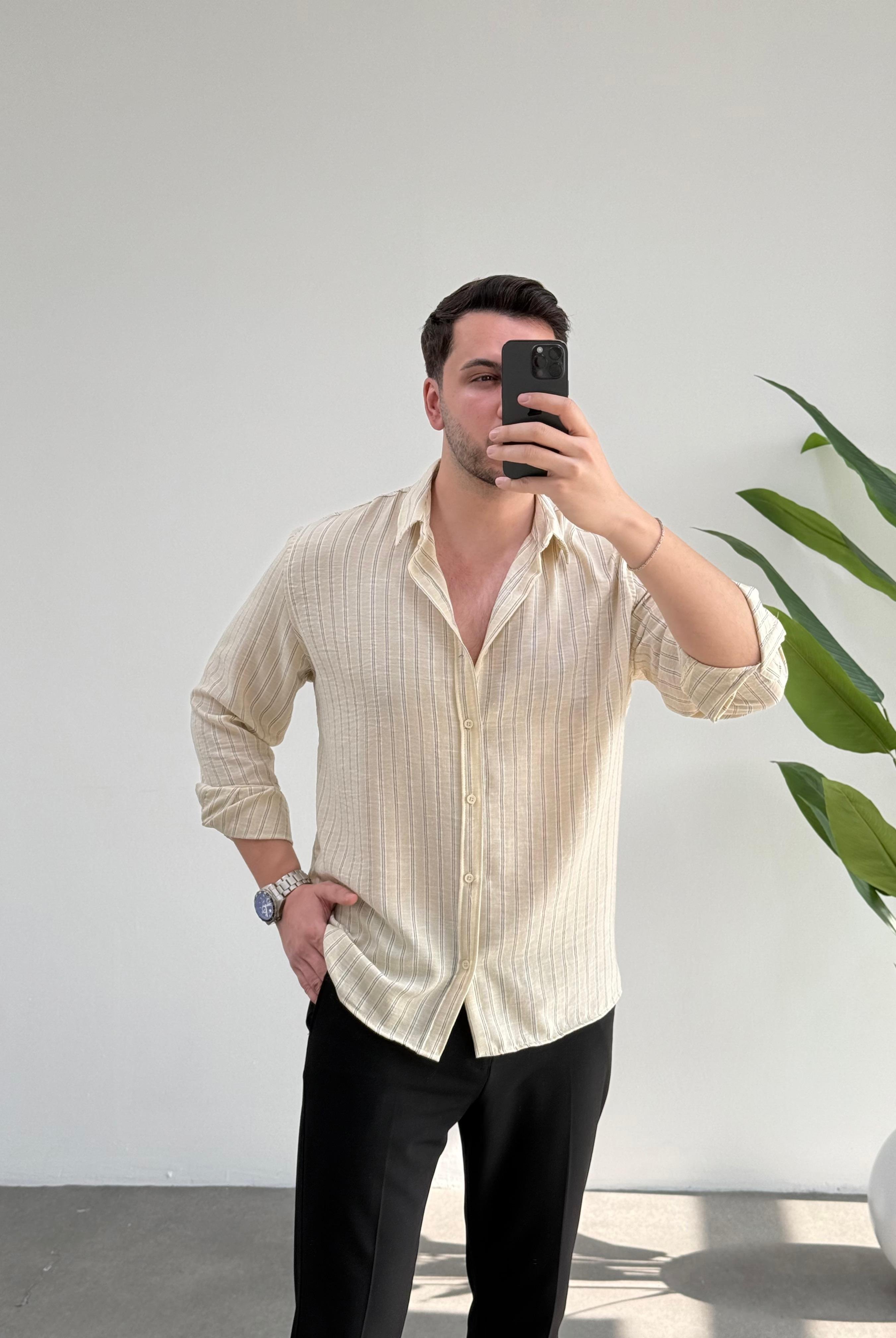 Soft Krem Çizgili Oversize Keten Gömlek 