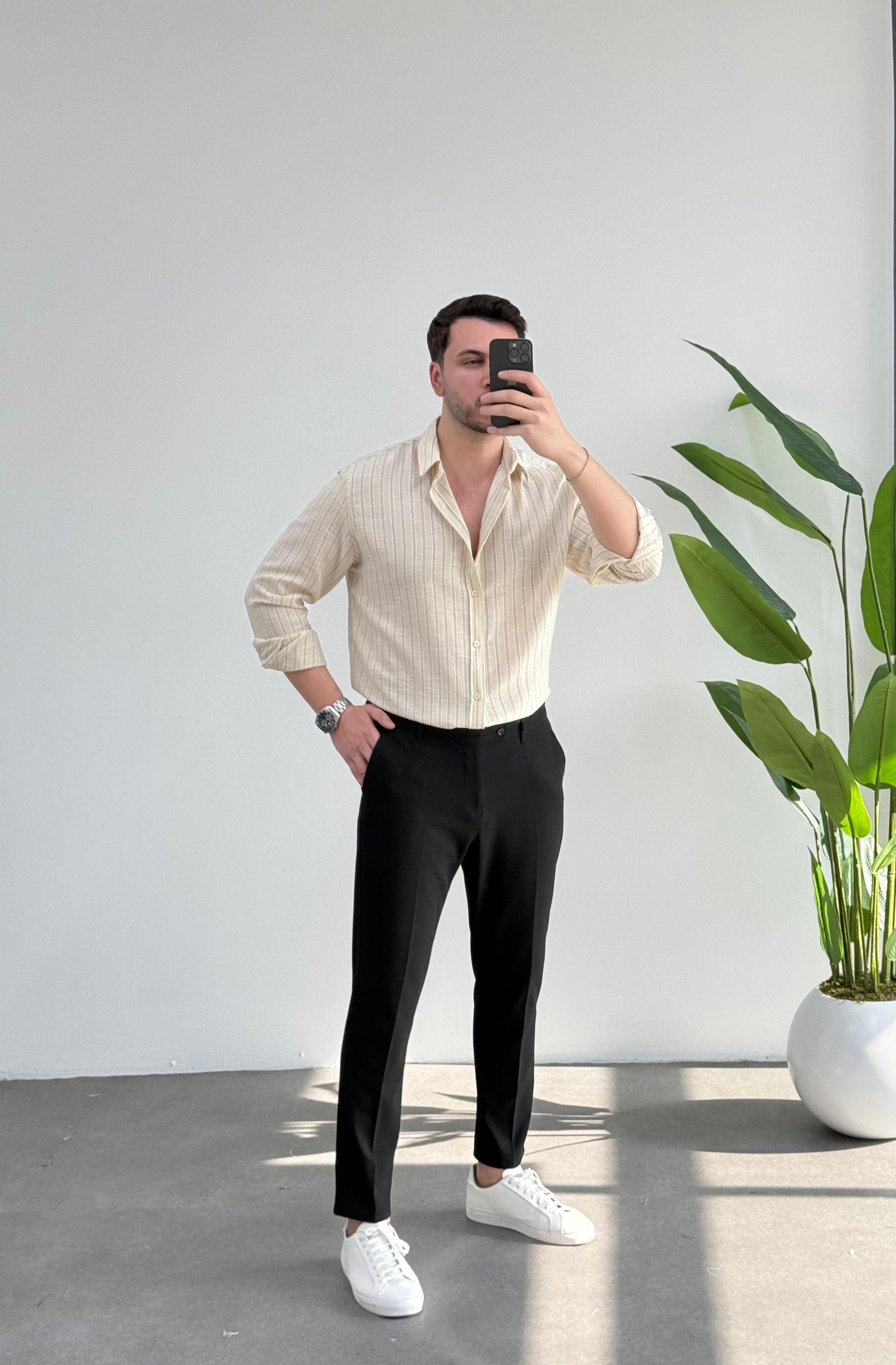 Soft Krem Çizgili Oversize Keten Gömlek 