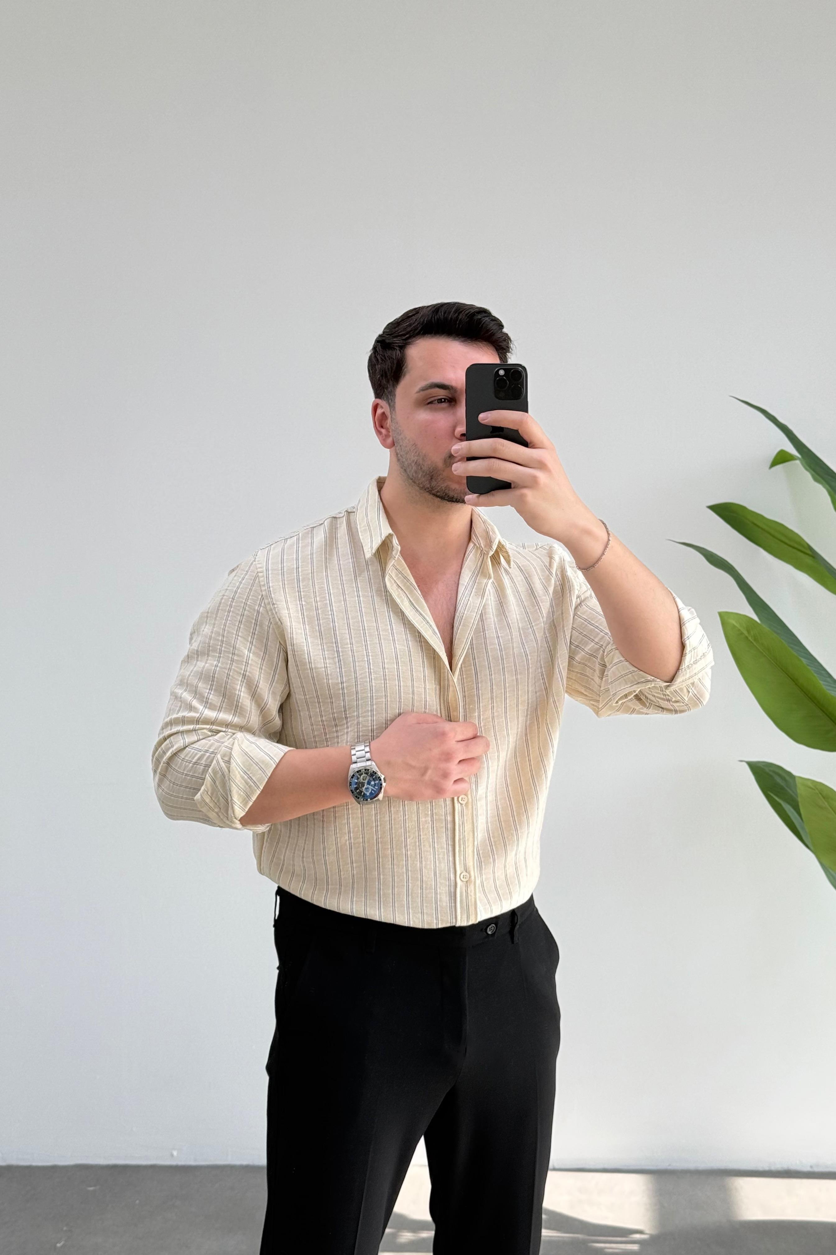Soft Krem Çizgili Oversize Keten Gömlek 