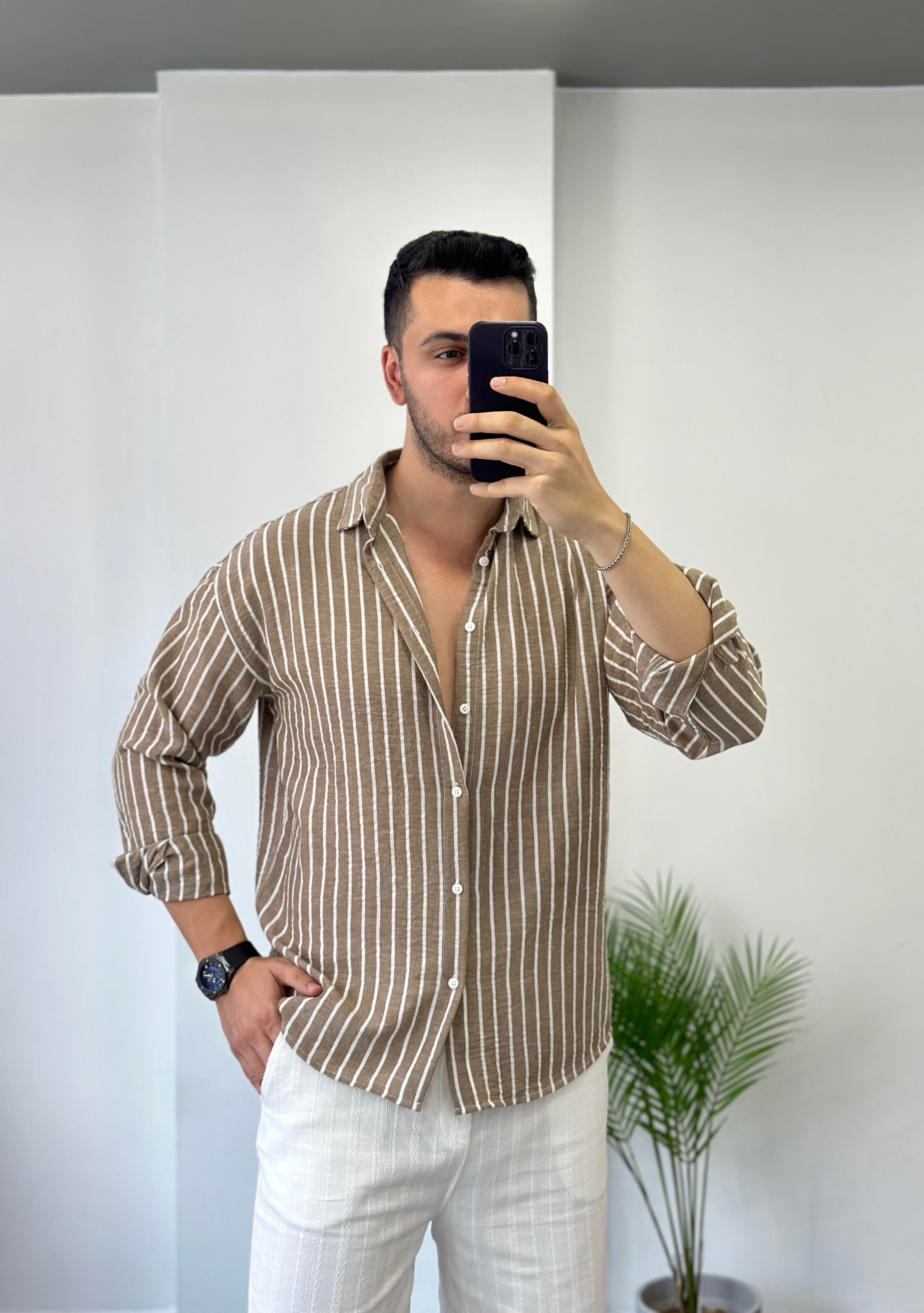 Sütlü Kahve Beyaz Çizgi Oversize Keten Gömlek 