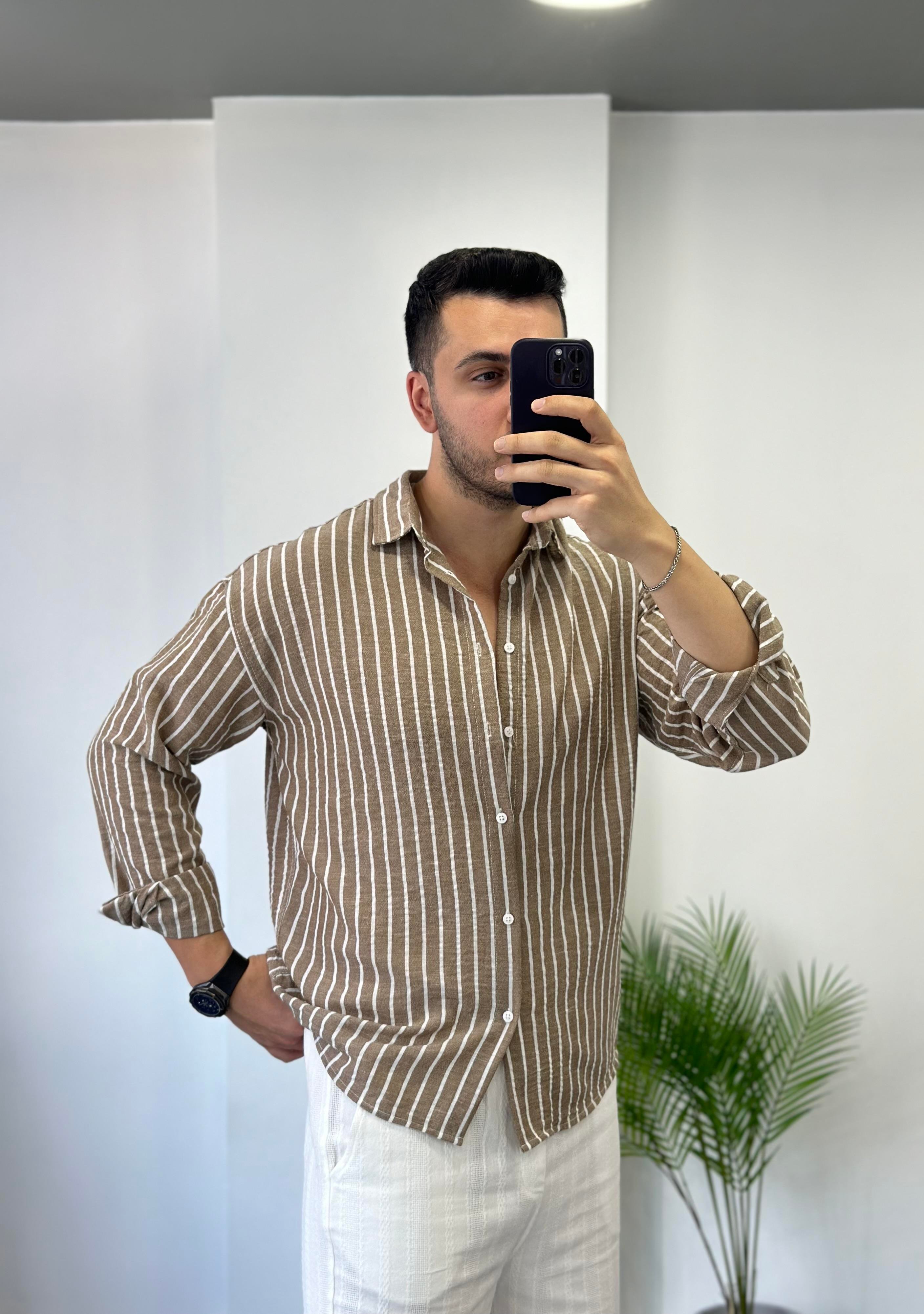 Sütlü Kahve Beyaz Çizgi Oversize Keten Gömlek 
