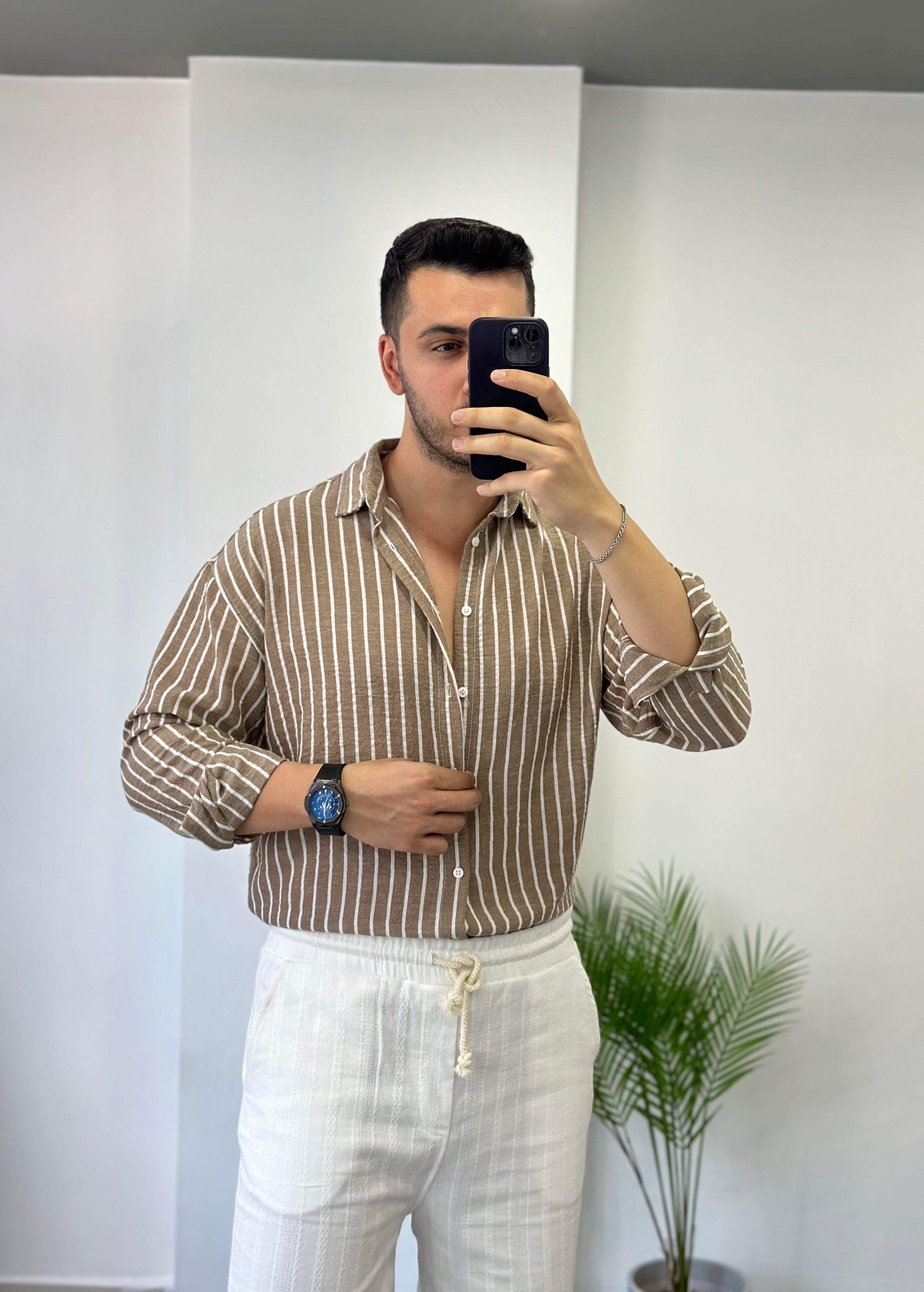 Sütlü Kahve Beyaz Çizgi Oversize Keten Gömlek 