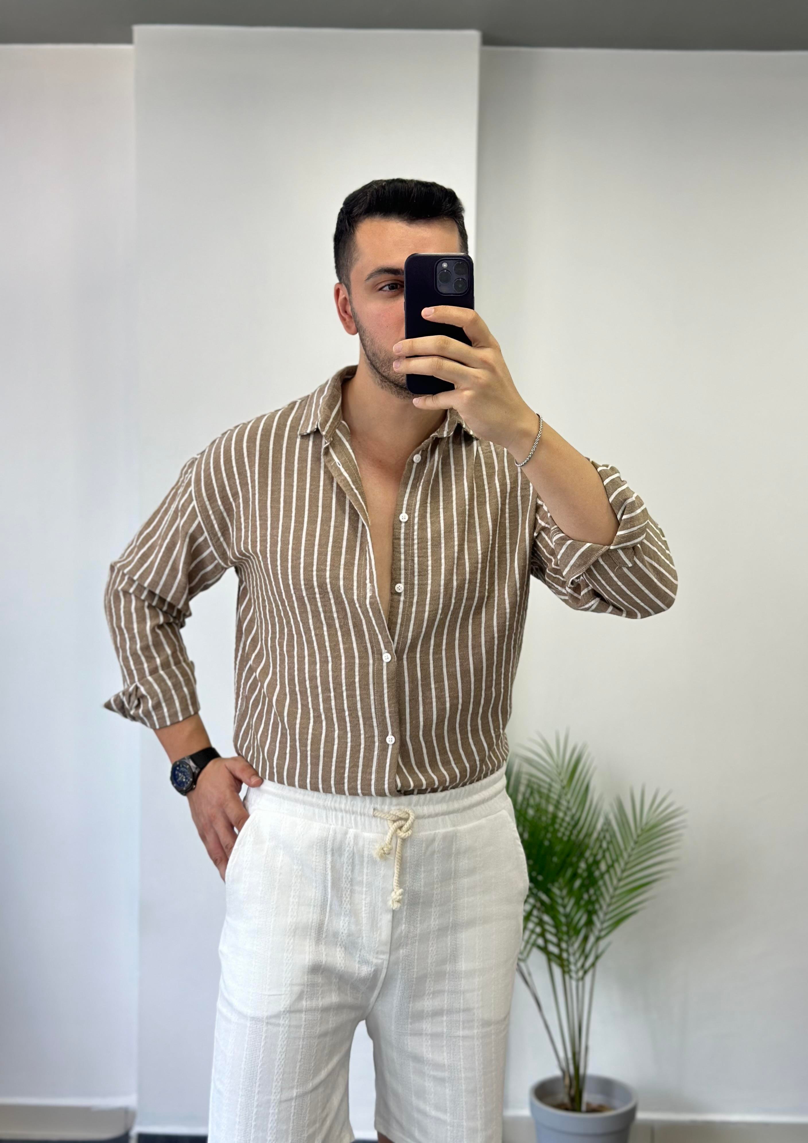 Sütlü Kahve Beyaz Çizgi Oversize Keten Gömlek 