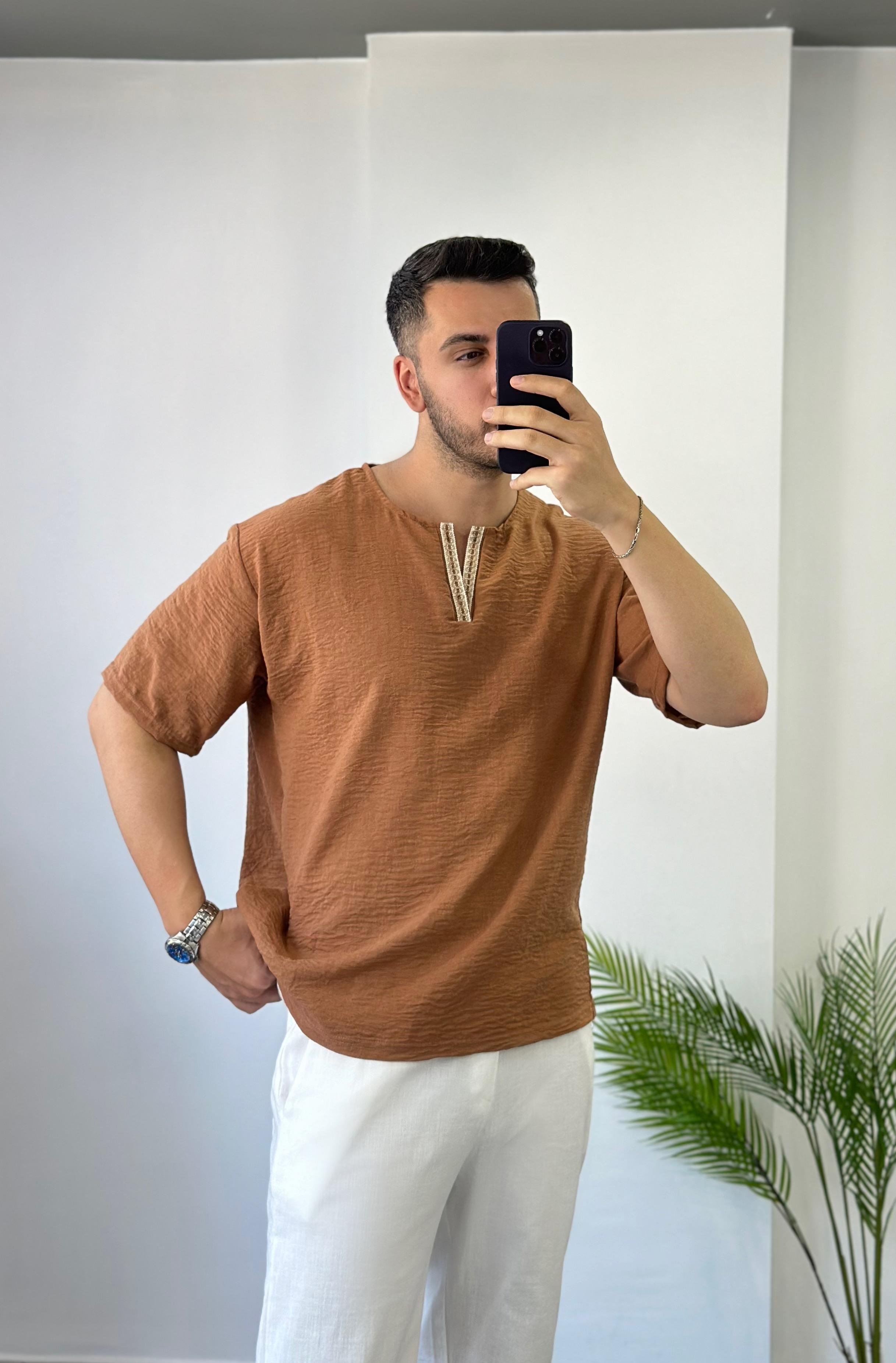 Taba Keten Bohem Tişört