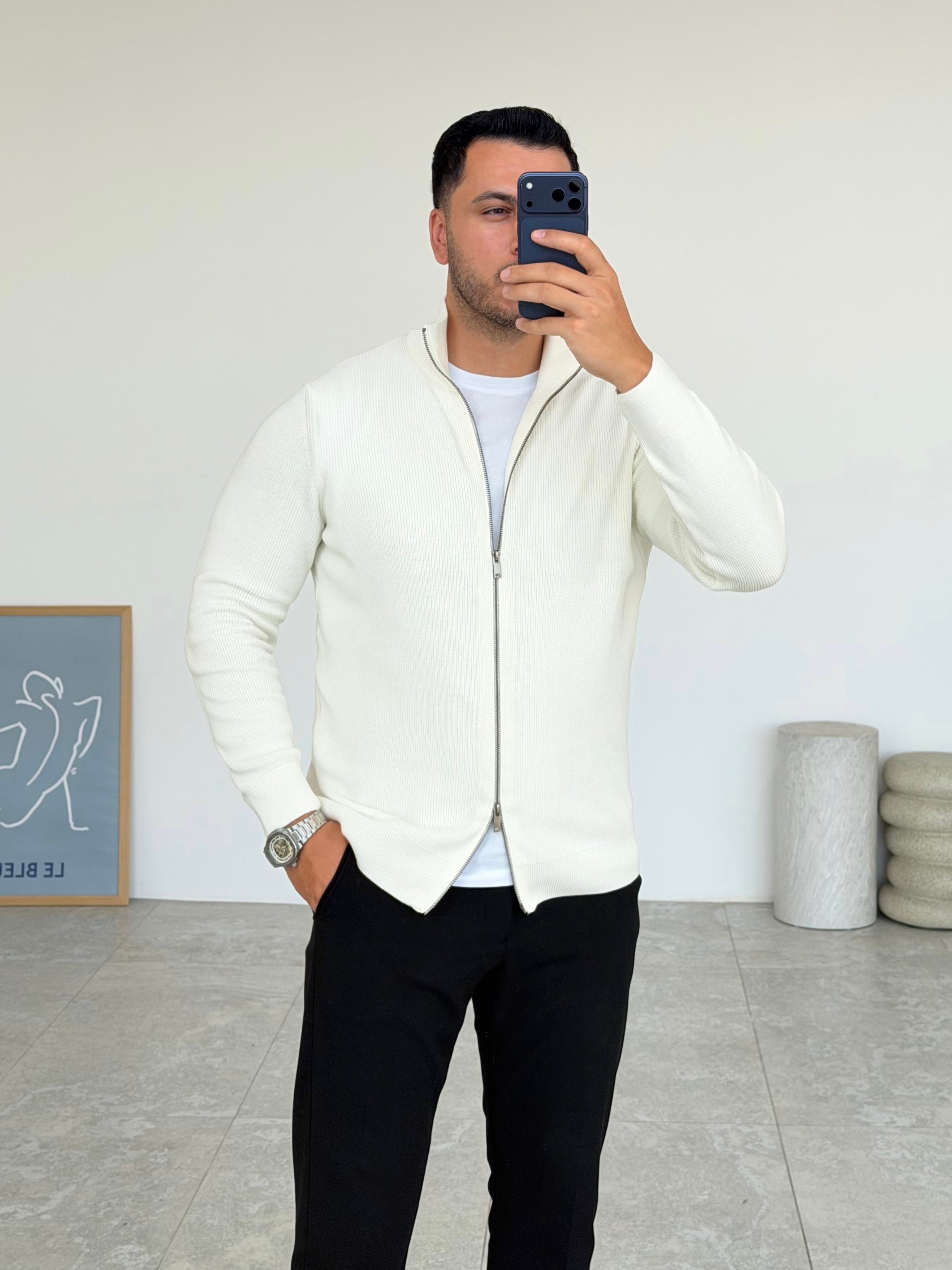 Tam Çift Fermuarlı Beyaz Hırka