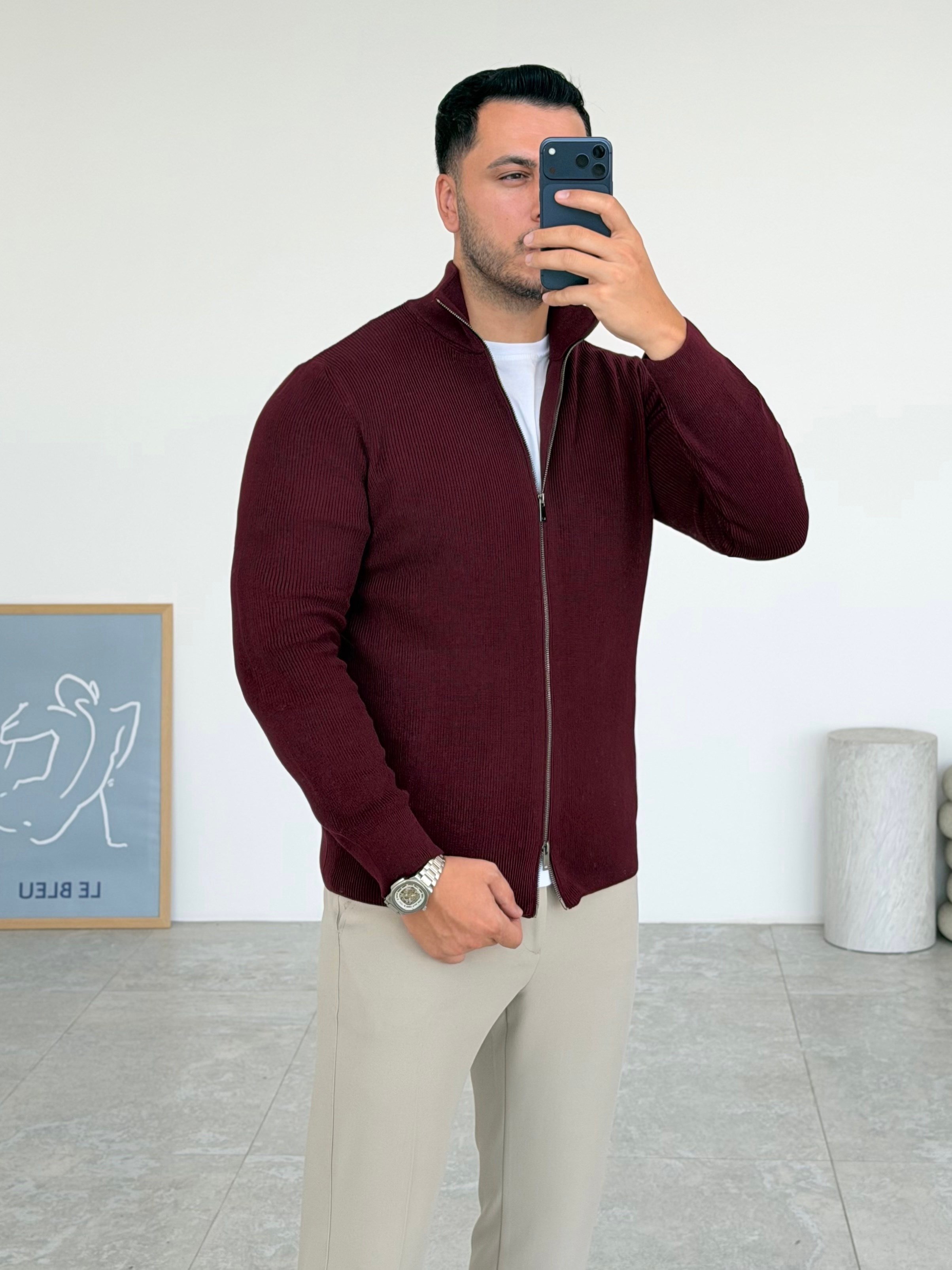 Tam Çift Fermuarlı Bordo Hırka