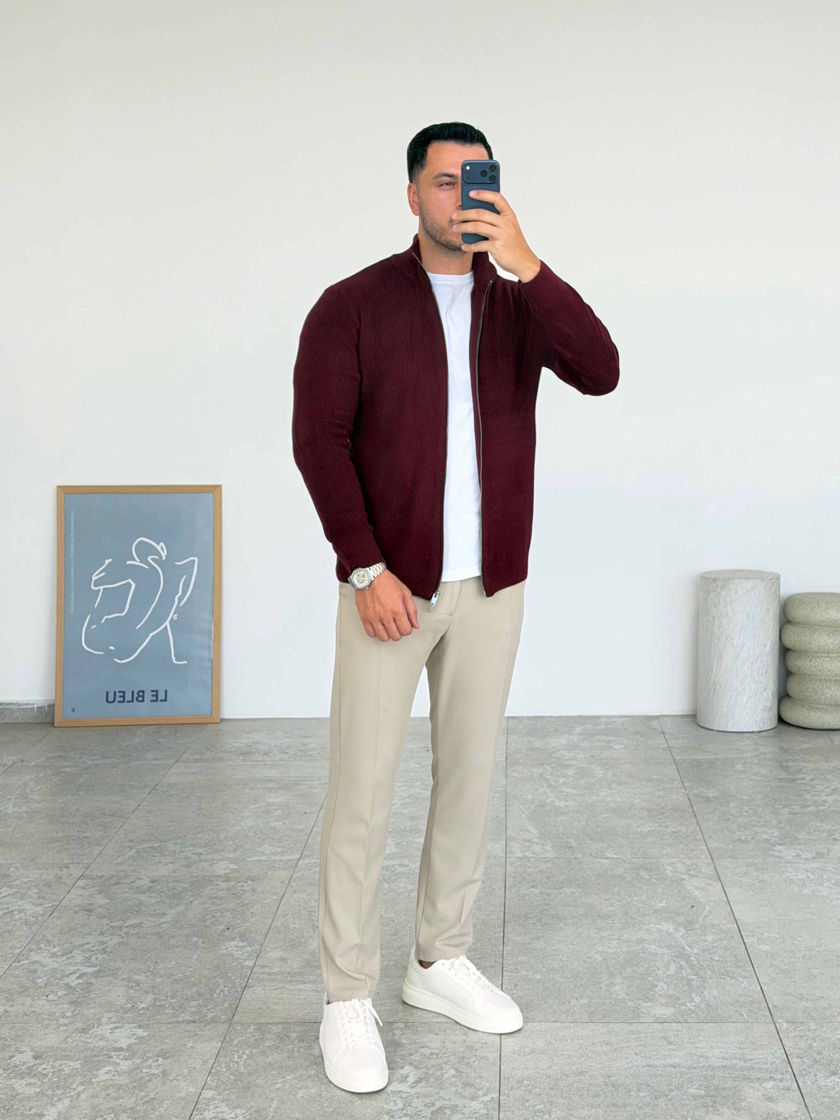 Tam Çift Fermuarlı Bordo Hırka