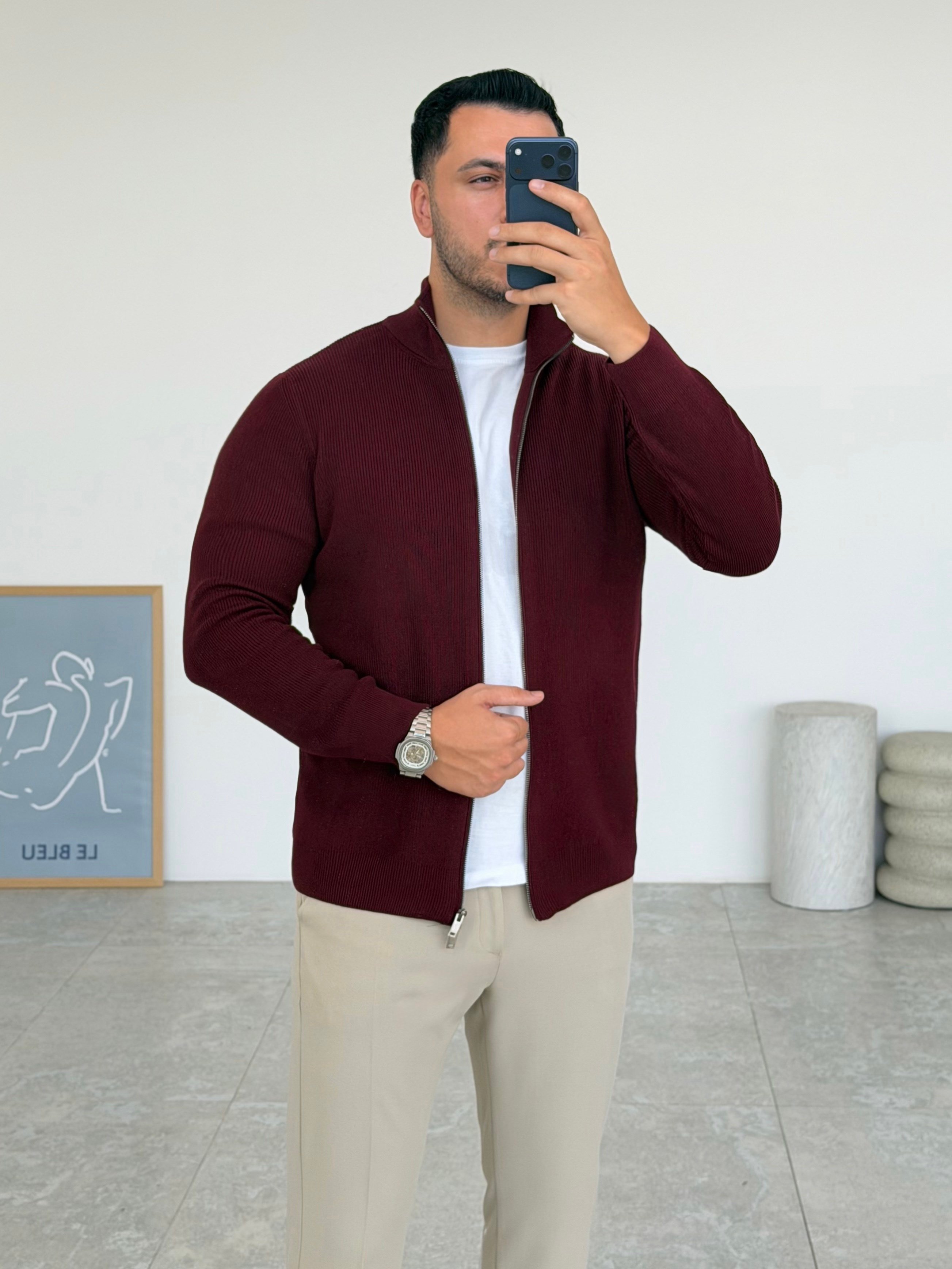 Tam Çift Fermuarlı Bordo Hırka