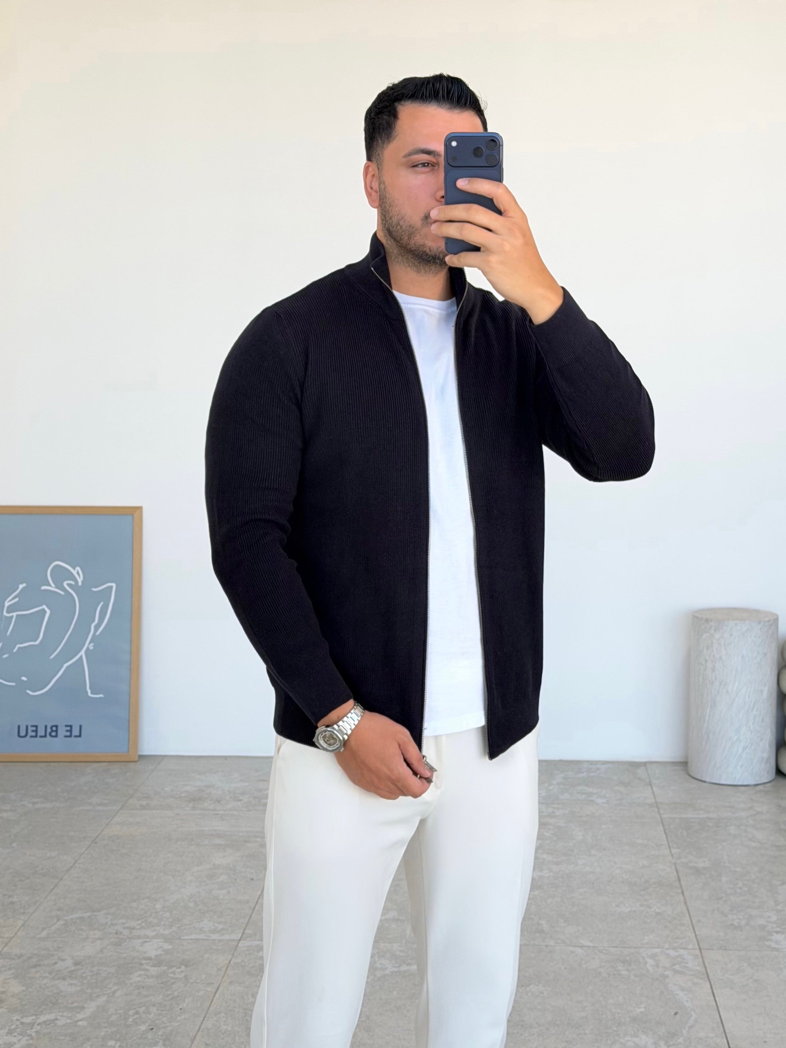 Tam Çift Fermuarlı Lacivert Hırka