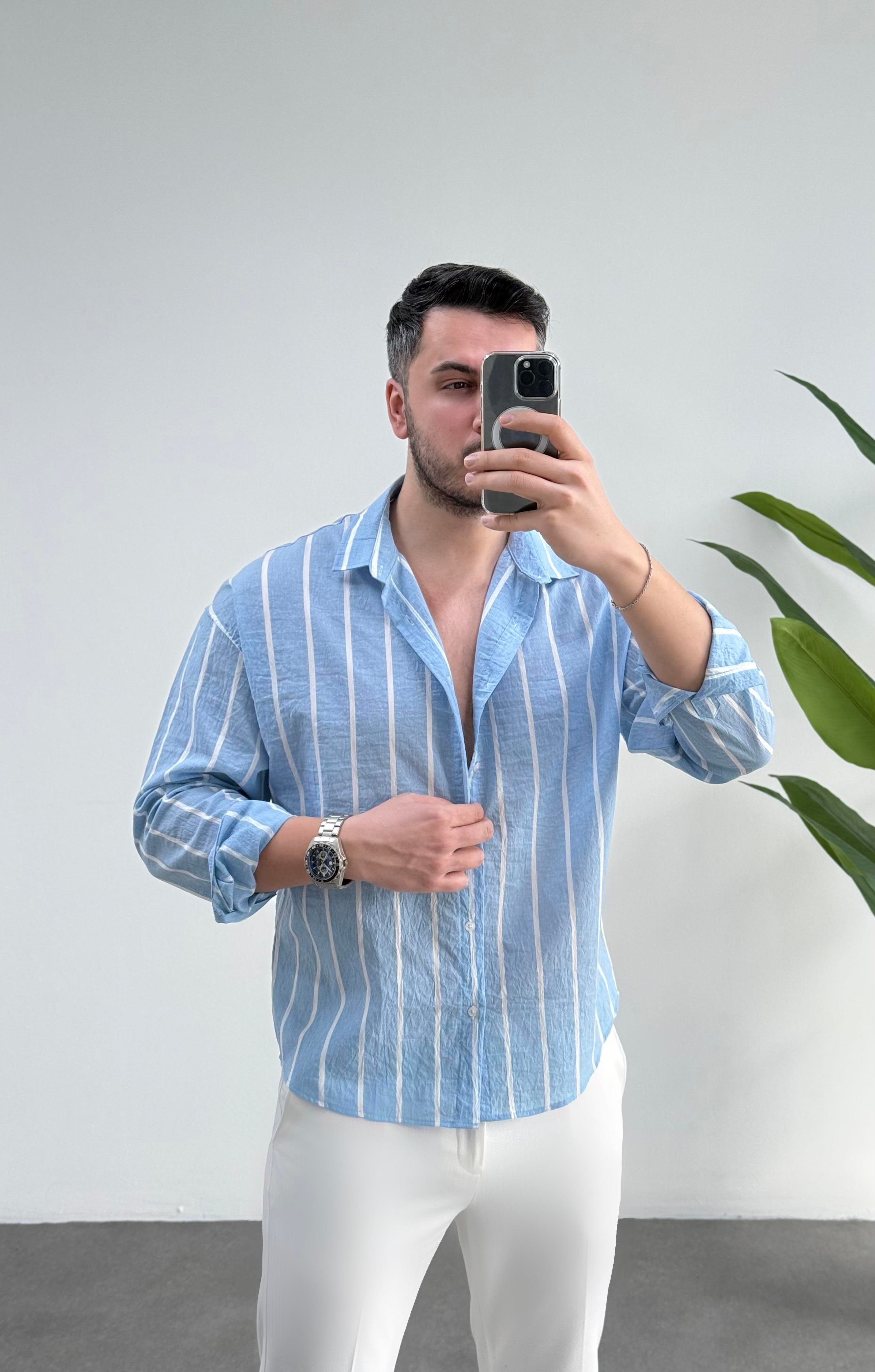 Tensel Bebe Mavi Çizgili Oversize Gömlek 