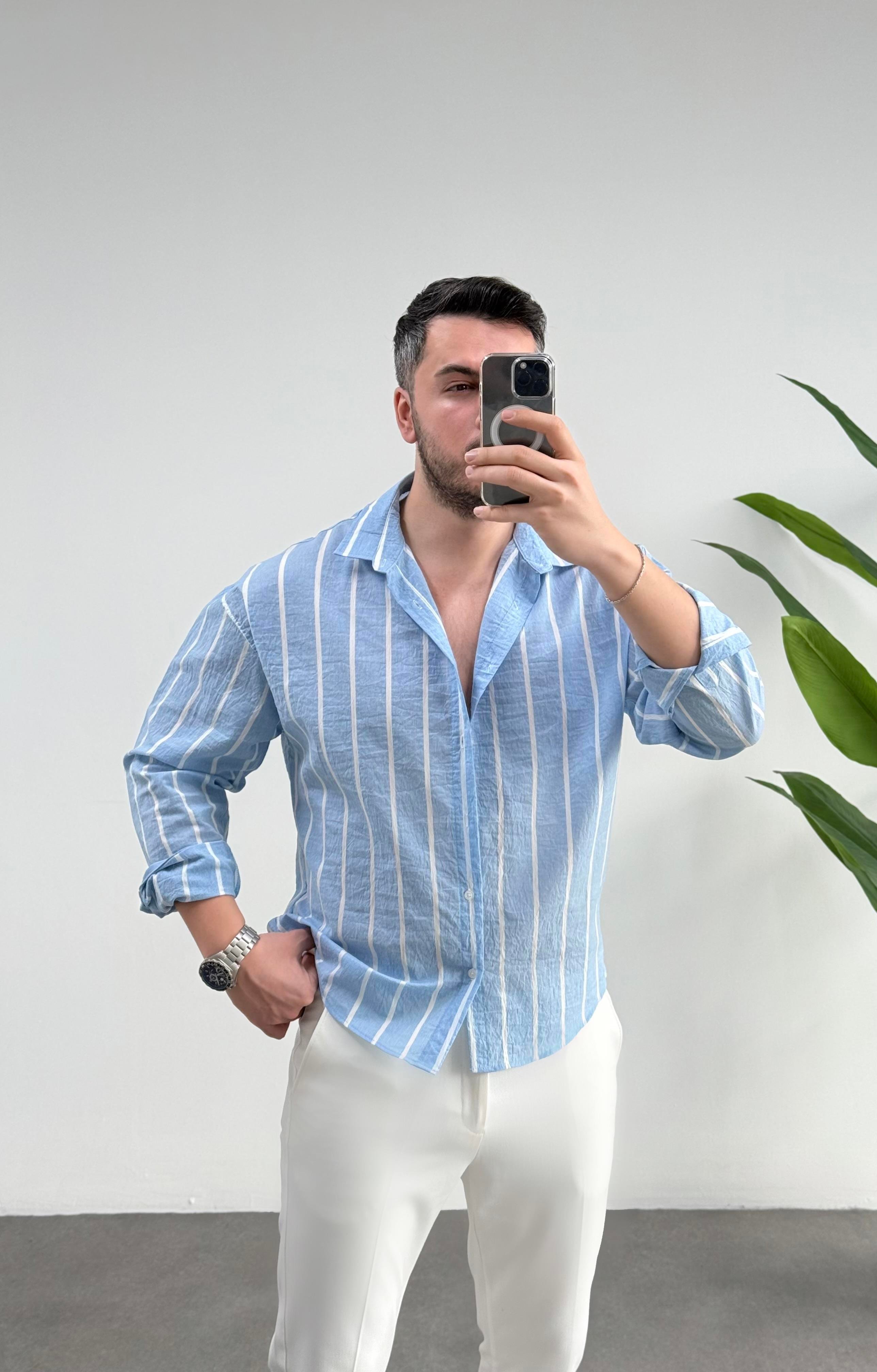 Tensel Bebe Mavi Çizgili Oversize Gömlek 