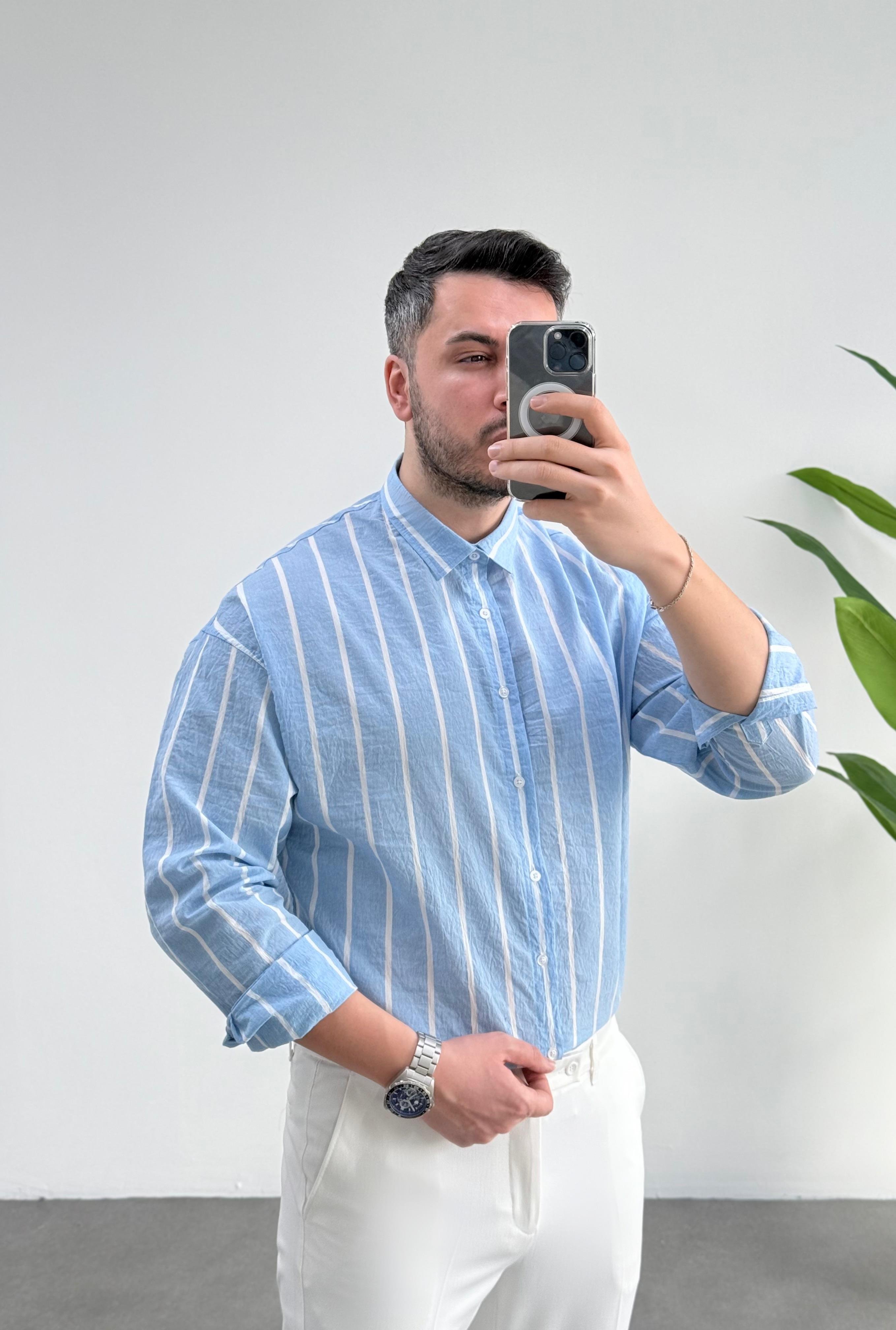 Tensel Bebe Mavi Çizgili Oversize Gömlek 