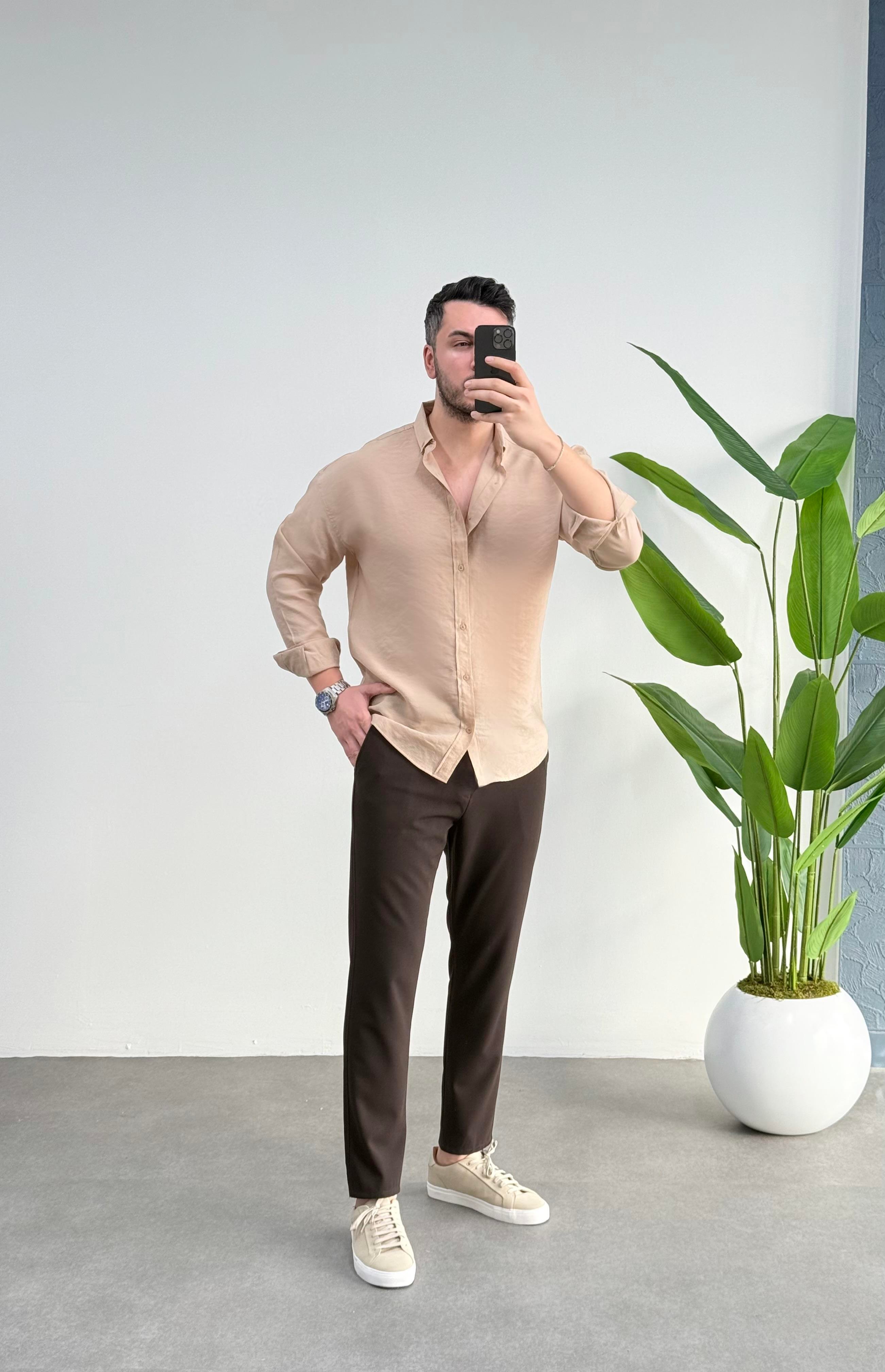 Tensel Bej Oversize Gömlek 