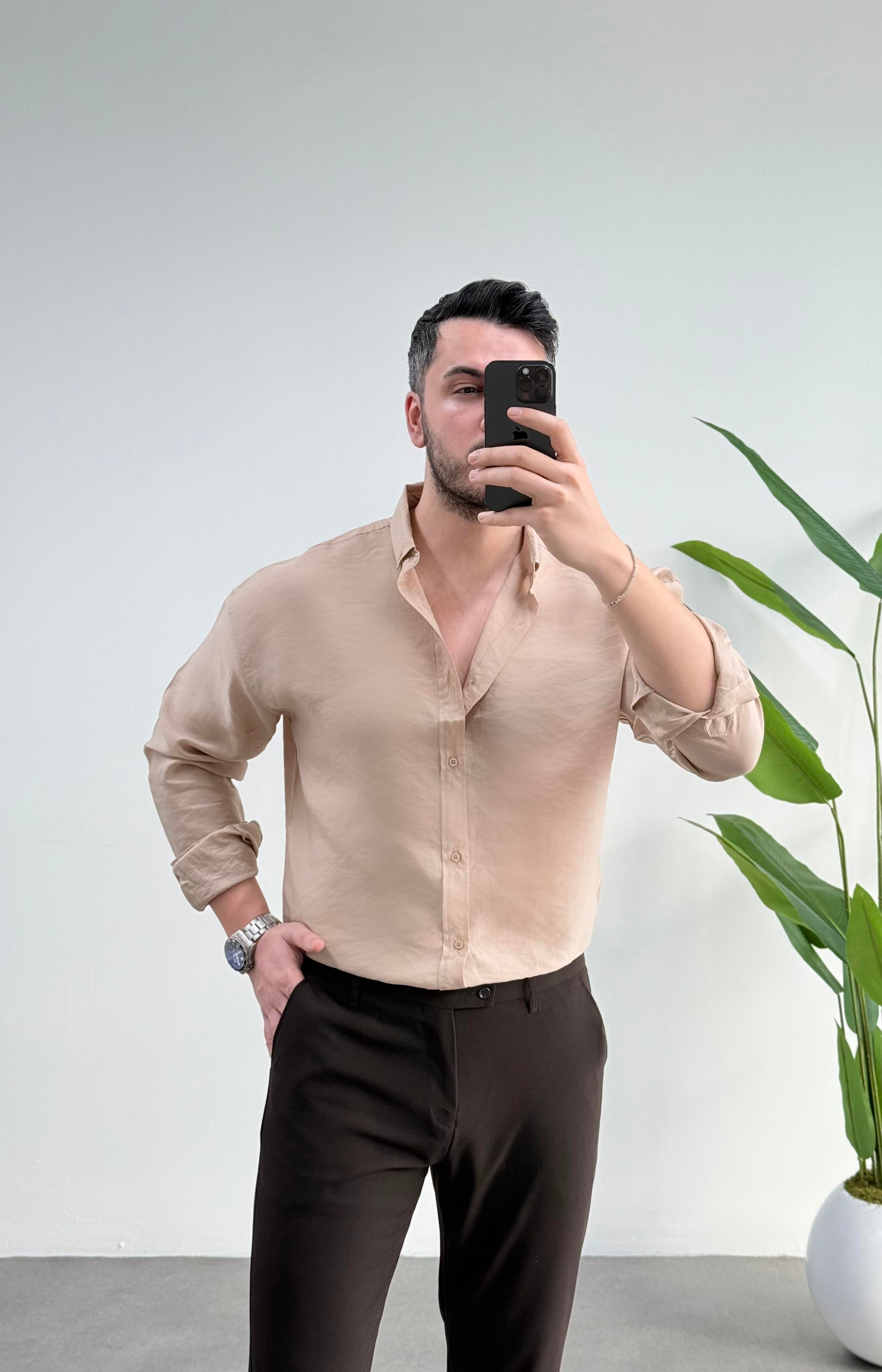Tensel Bej Oversize Gömlek 