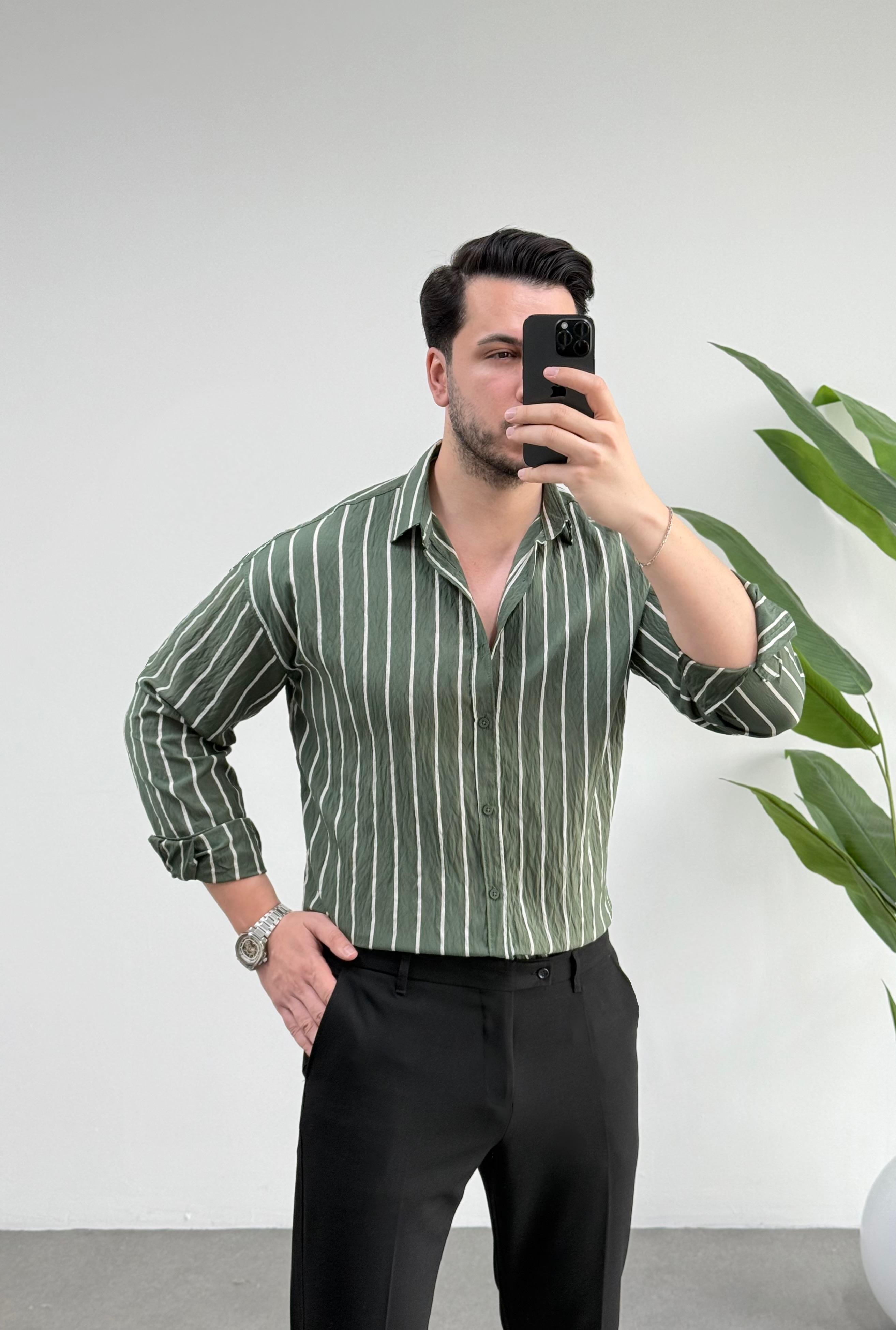 Tensel Haki Çizgili Oversize Gömlek