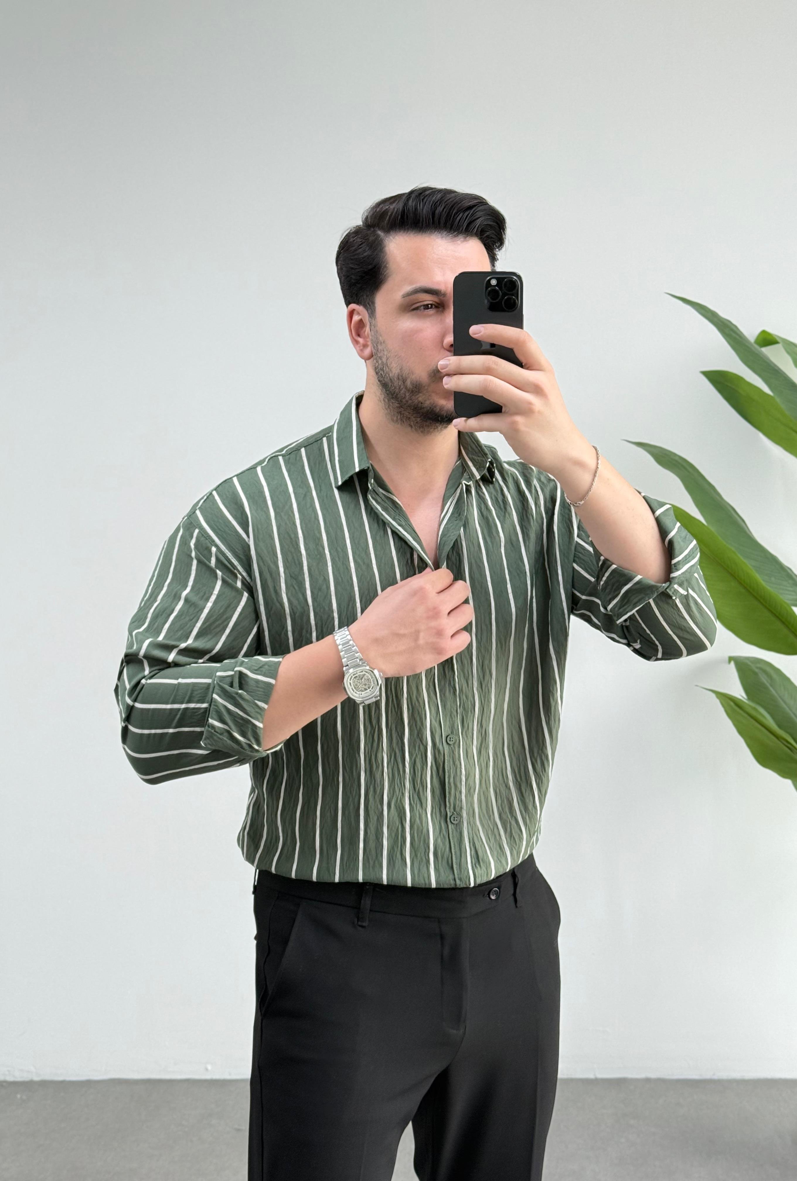 Tensel Haki Çizgili Oversize Gömlek