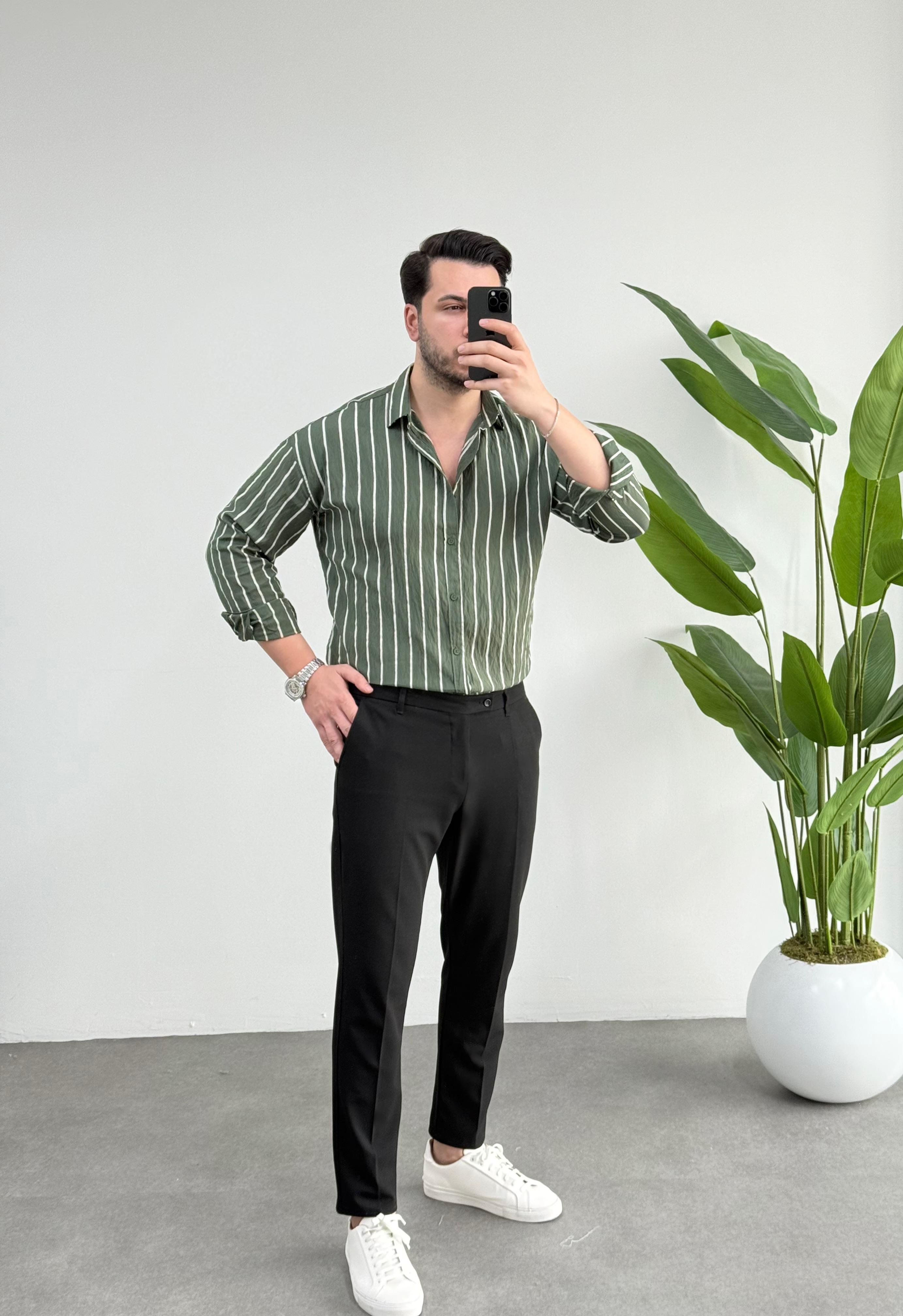 Tensel Haki Çizgili Oversize Gömlek