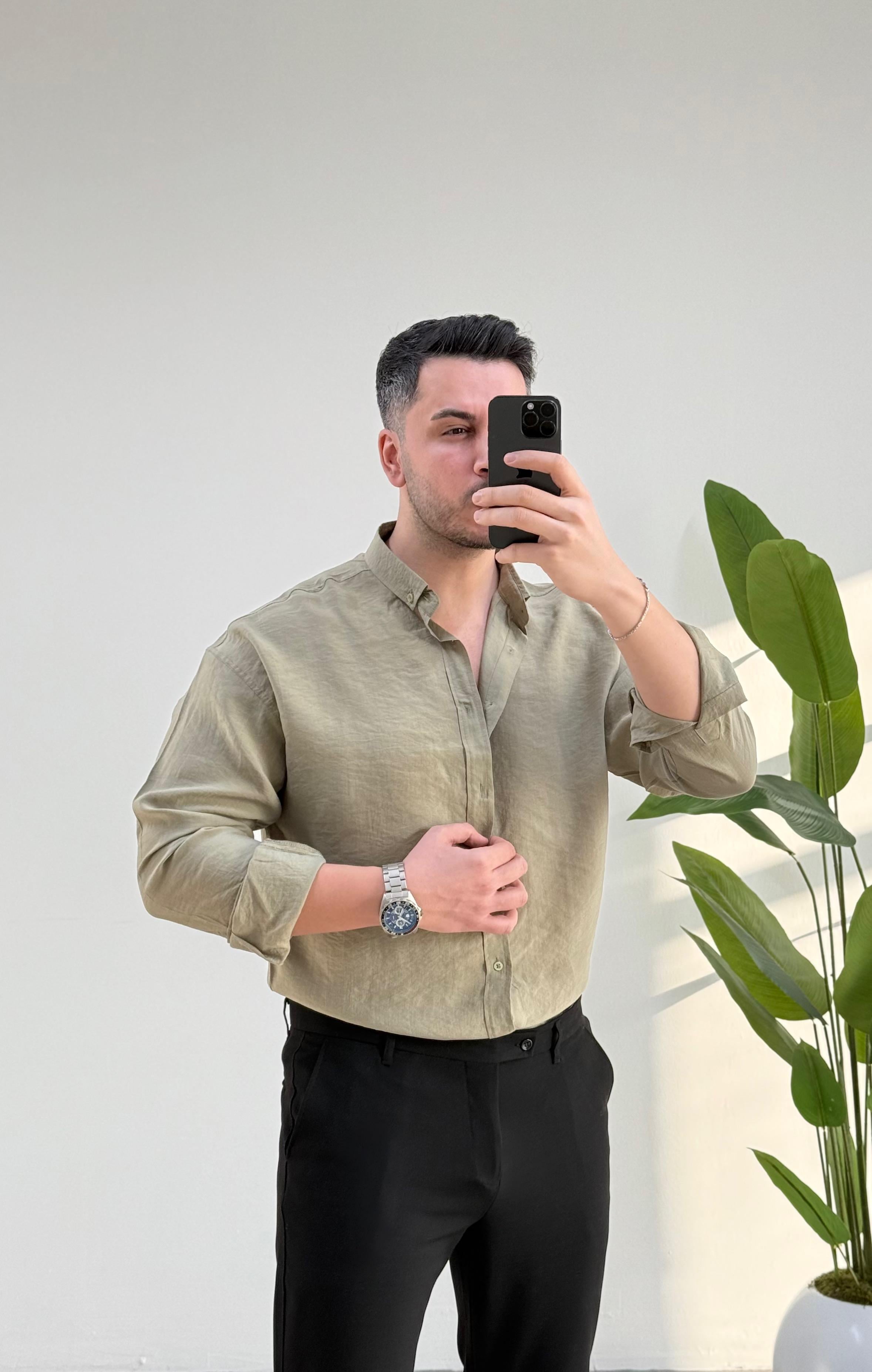 Tensel Haki Oversize Keten Gömlek 