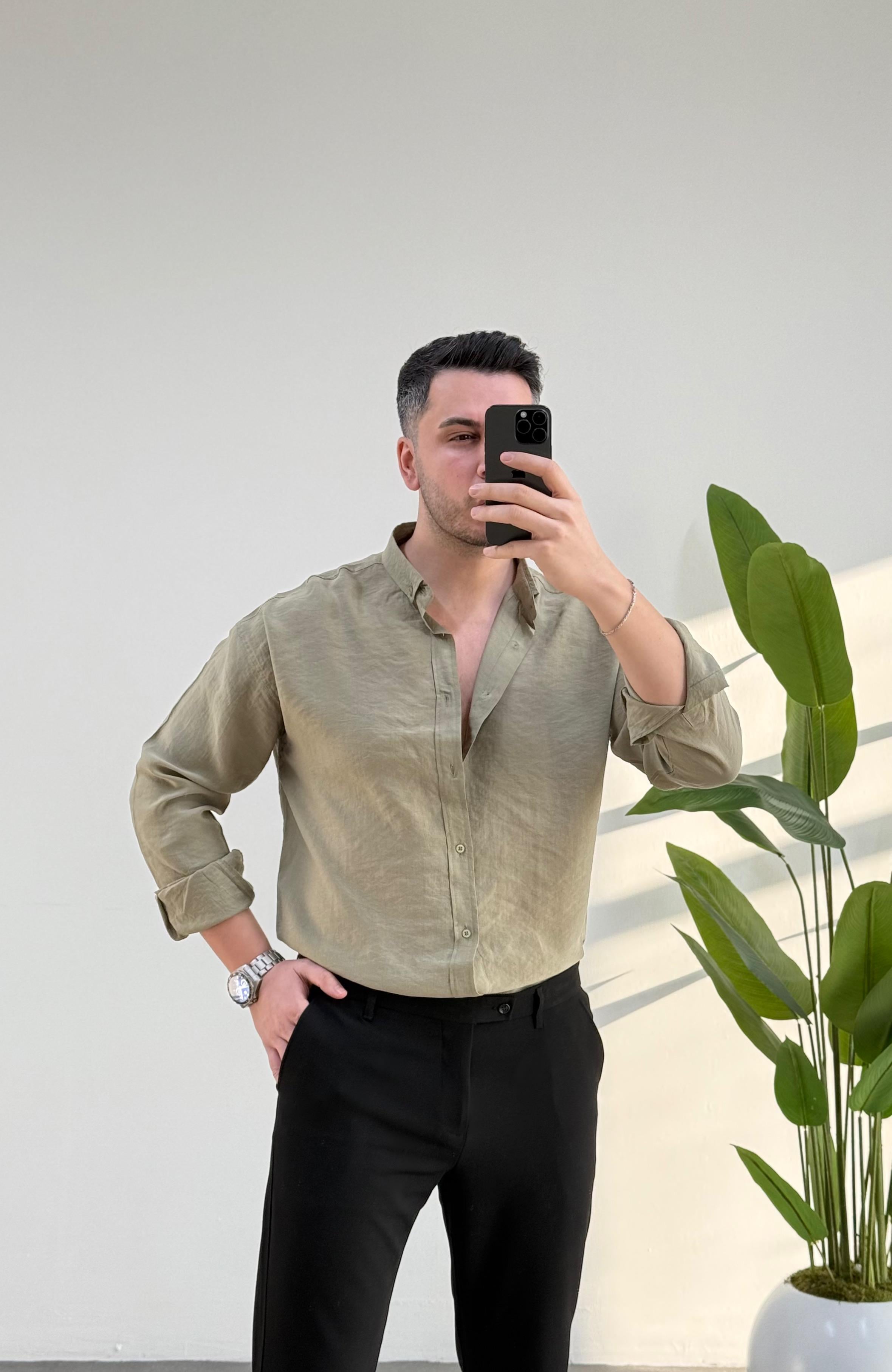 Tensel Haki Oversize Keten Gömlek 