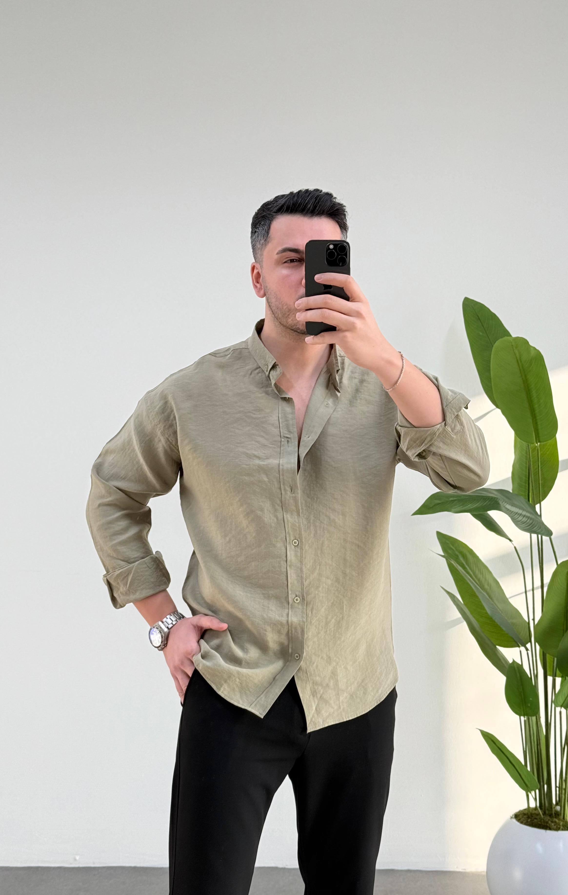 Tensel Haki Oversize Keten Gömlek 