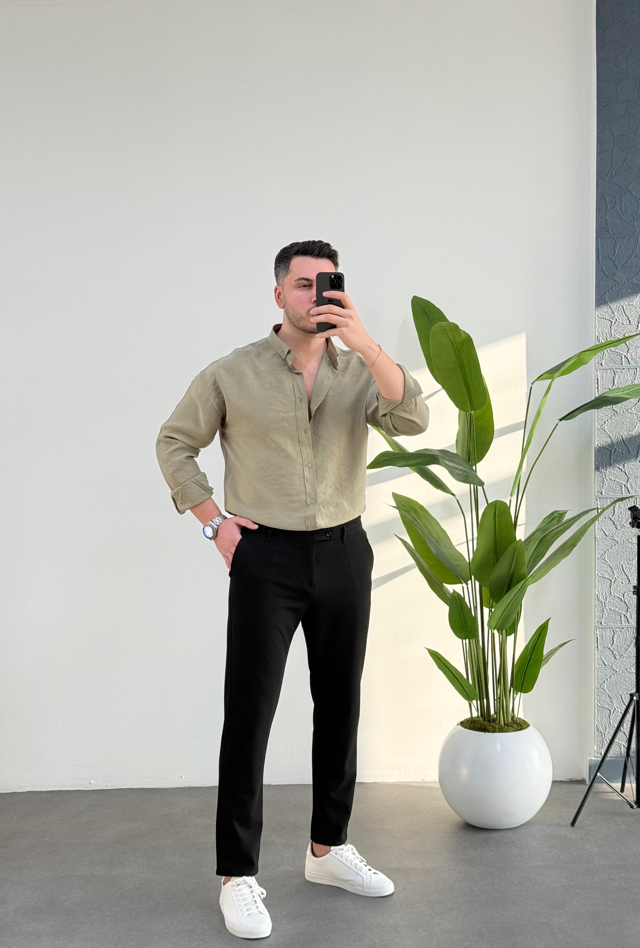 Tensel Haki Oversize Keten Gömlek 