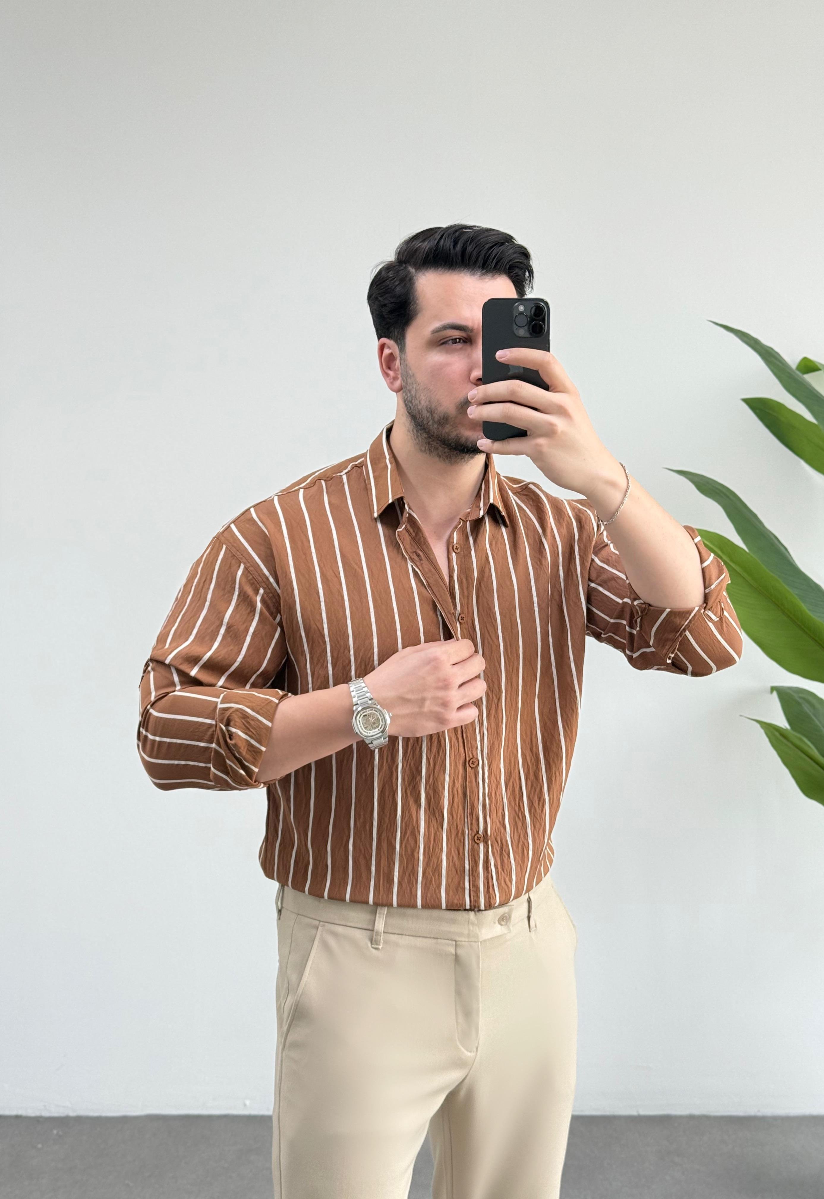Tensel Kahve Çizgili Oversize Gömlek 