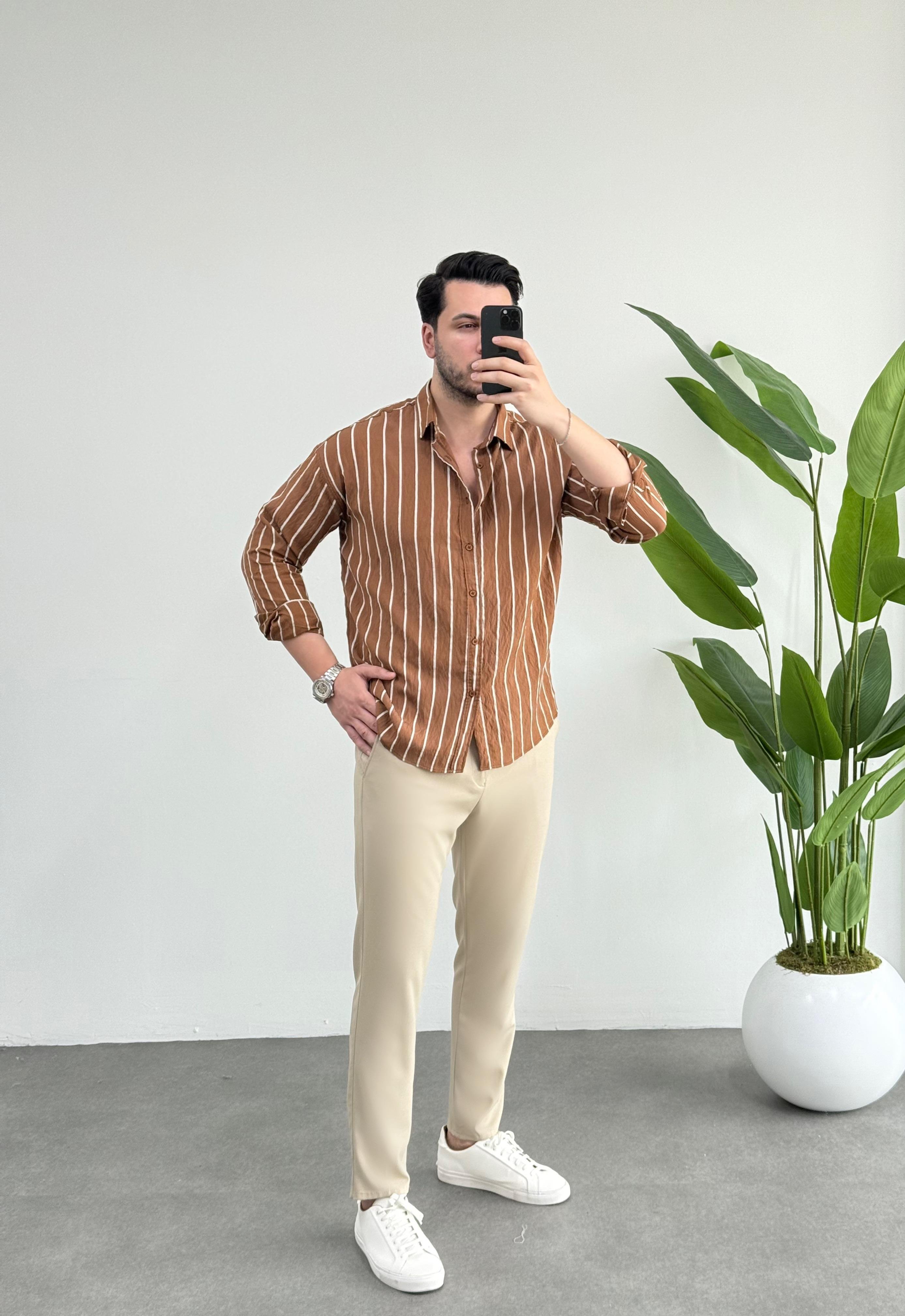 Tensel Kahve Çizgili Oversize Gömlek 