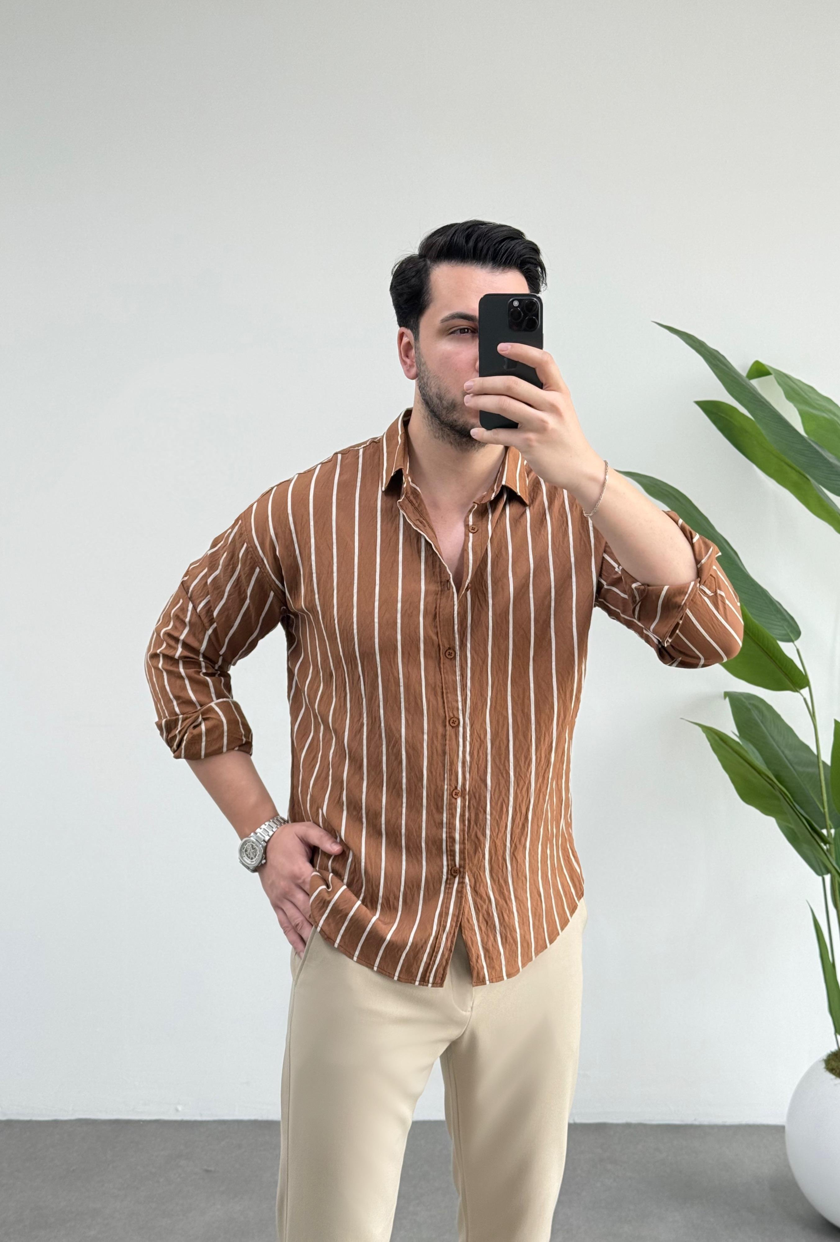 Tensel Kahve Çizgili Oversize Gömlek 