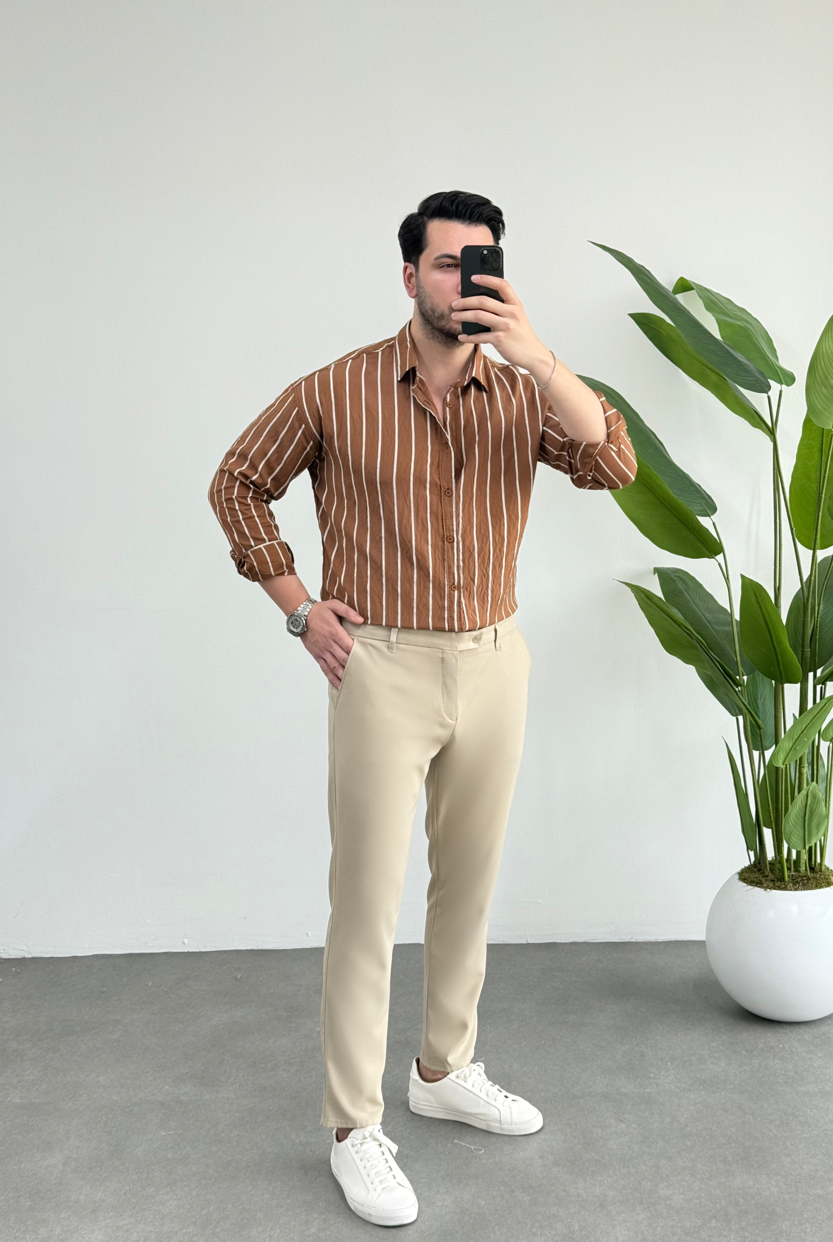 Tensel Kahve Çizgili Oversize Gömlek 