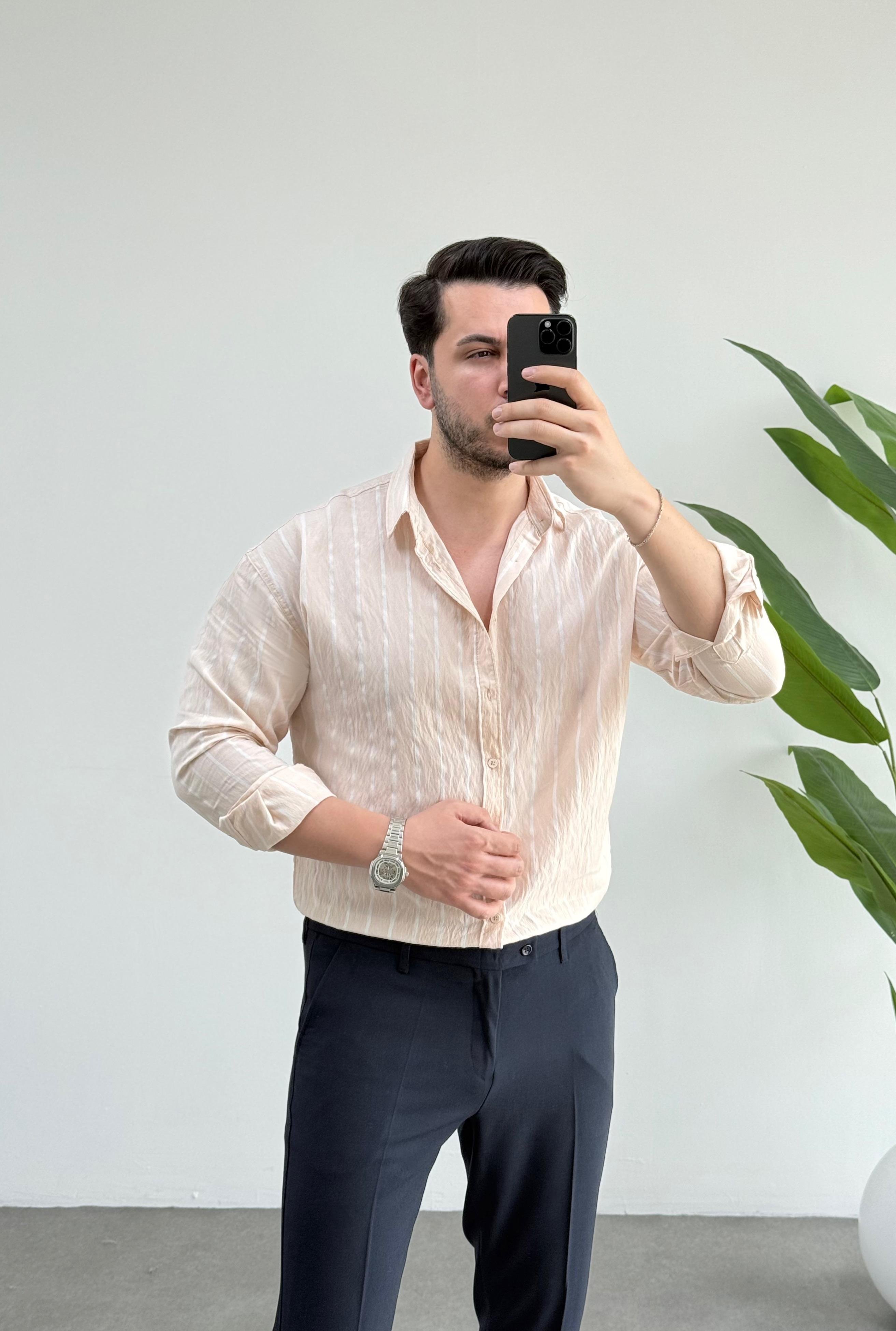 Tensel Krem Çizgili Oversize Gömlek 