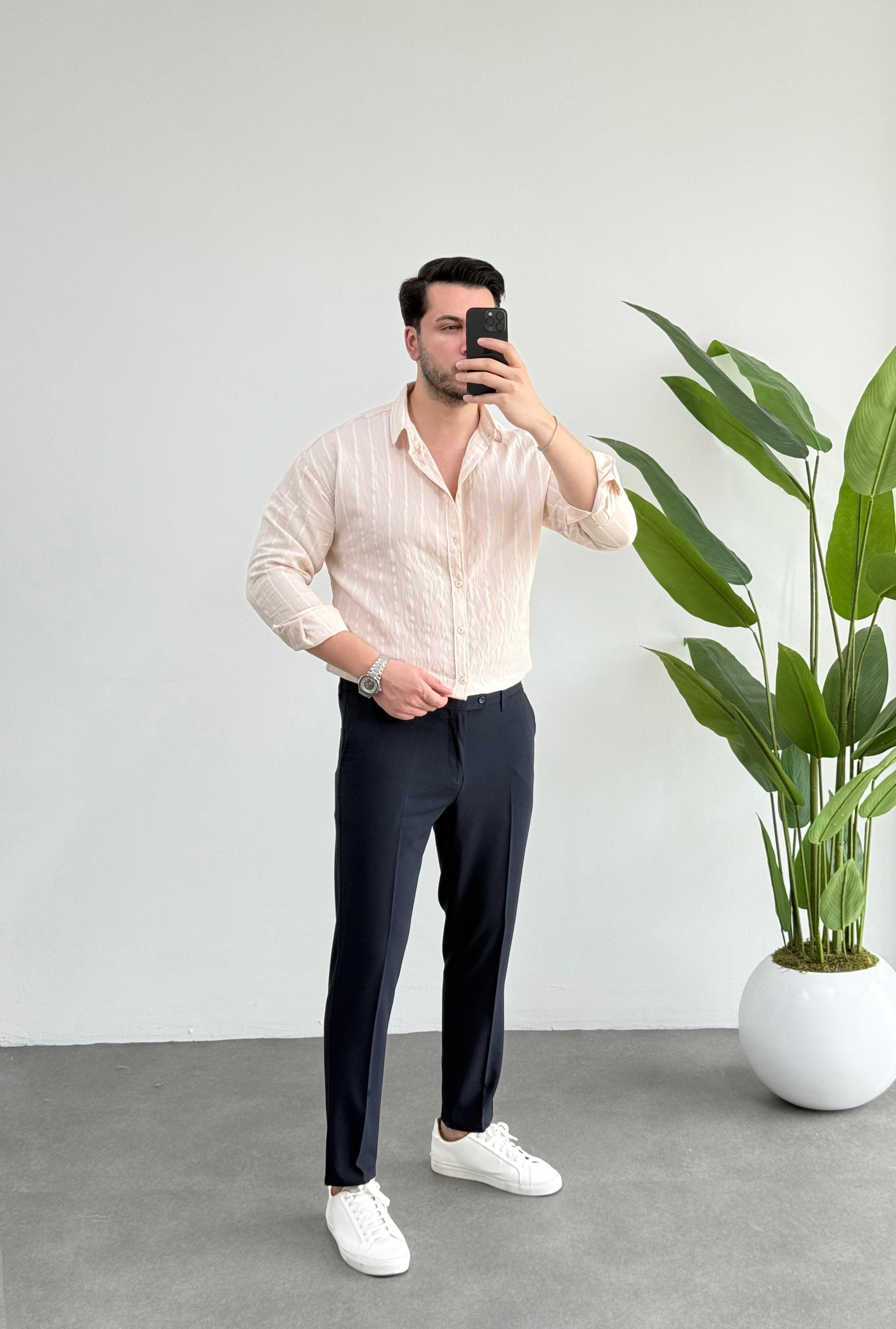Tensel Krem Çizgili Oversize Gömlek 