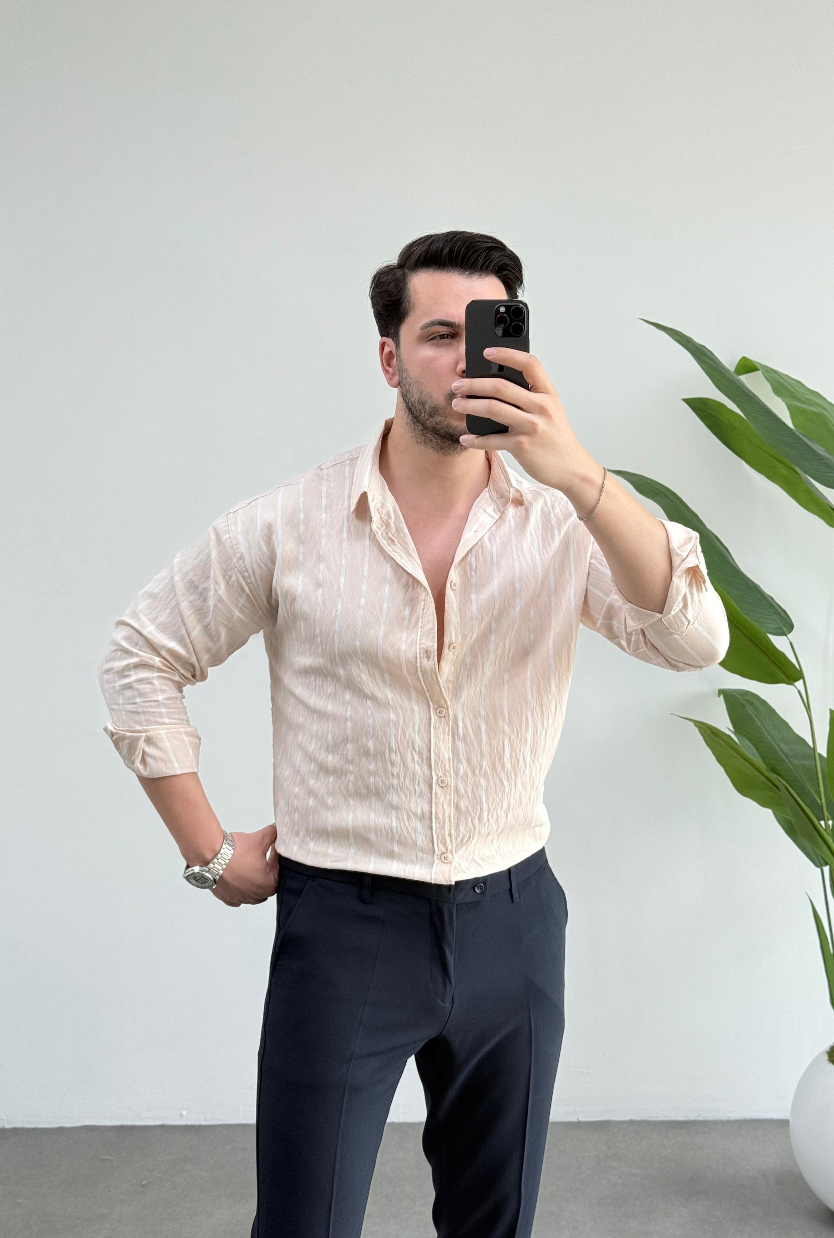 Tensel Krem Çizgili Oversize Gömlek 