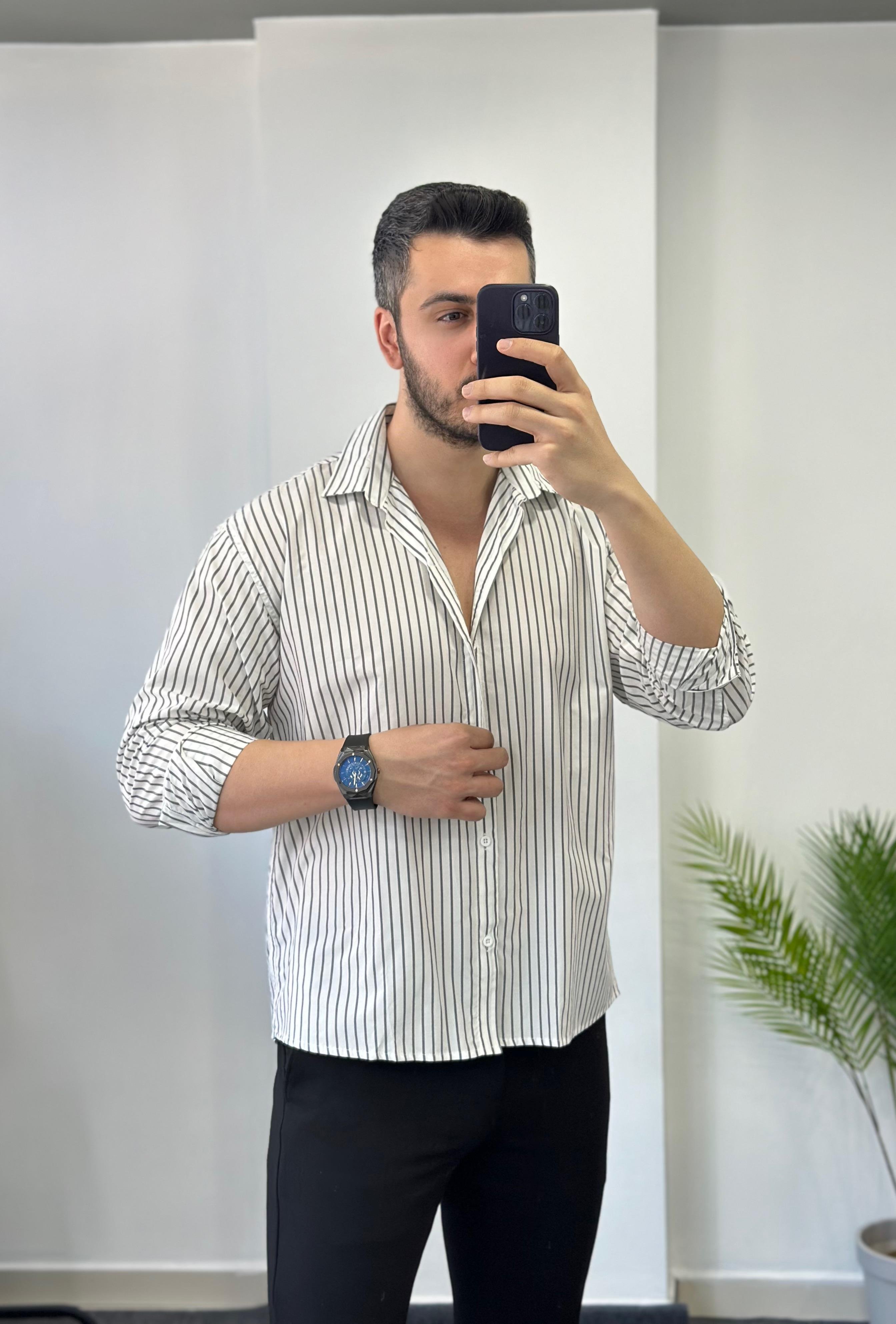 Terry Cotton Beyaz Çizgili Oversize Gömlek