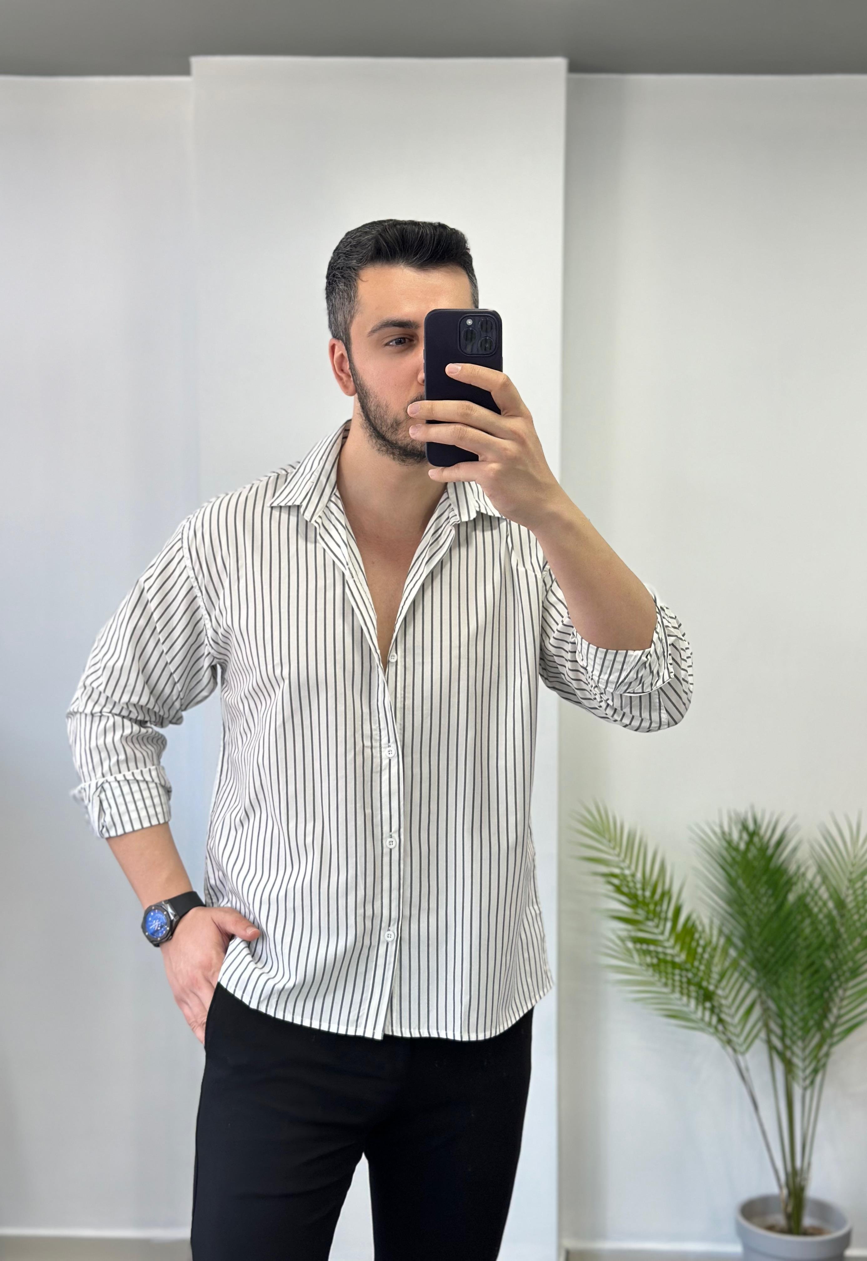 Terry Cotton Beyaz Çizgili Oversize Gömlek