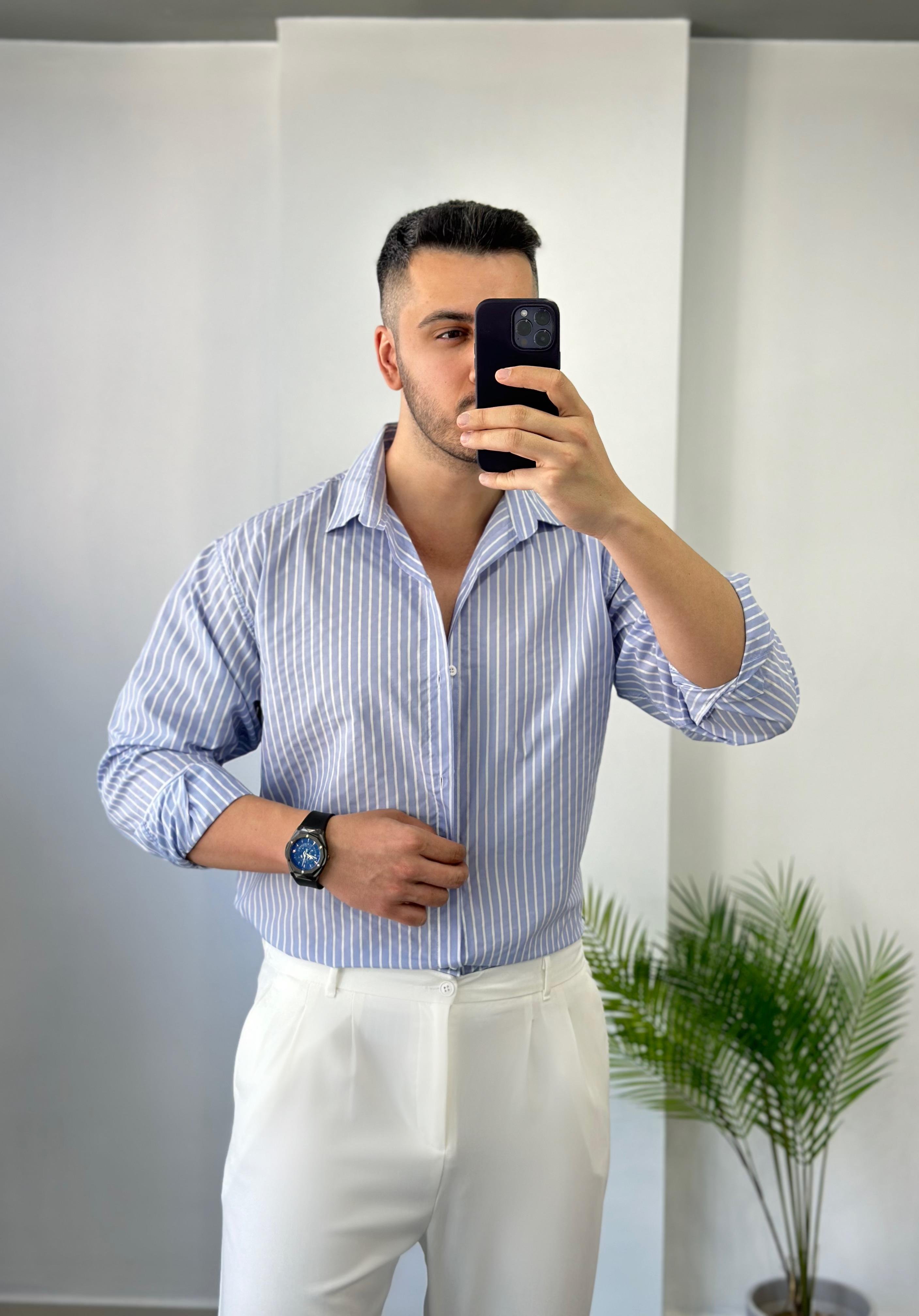 Terry Cotton Mavi Çizgili Oversize Gömlek 