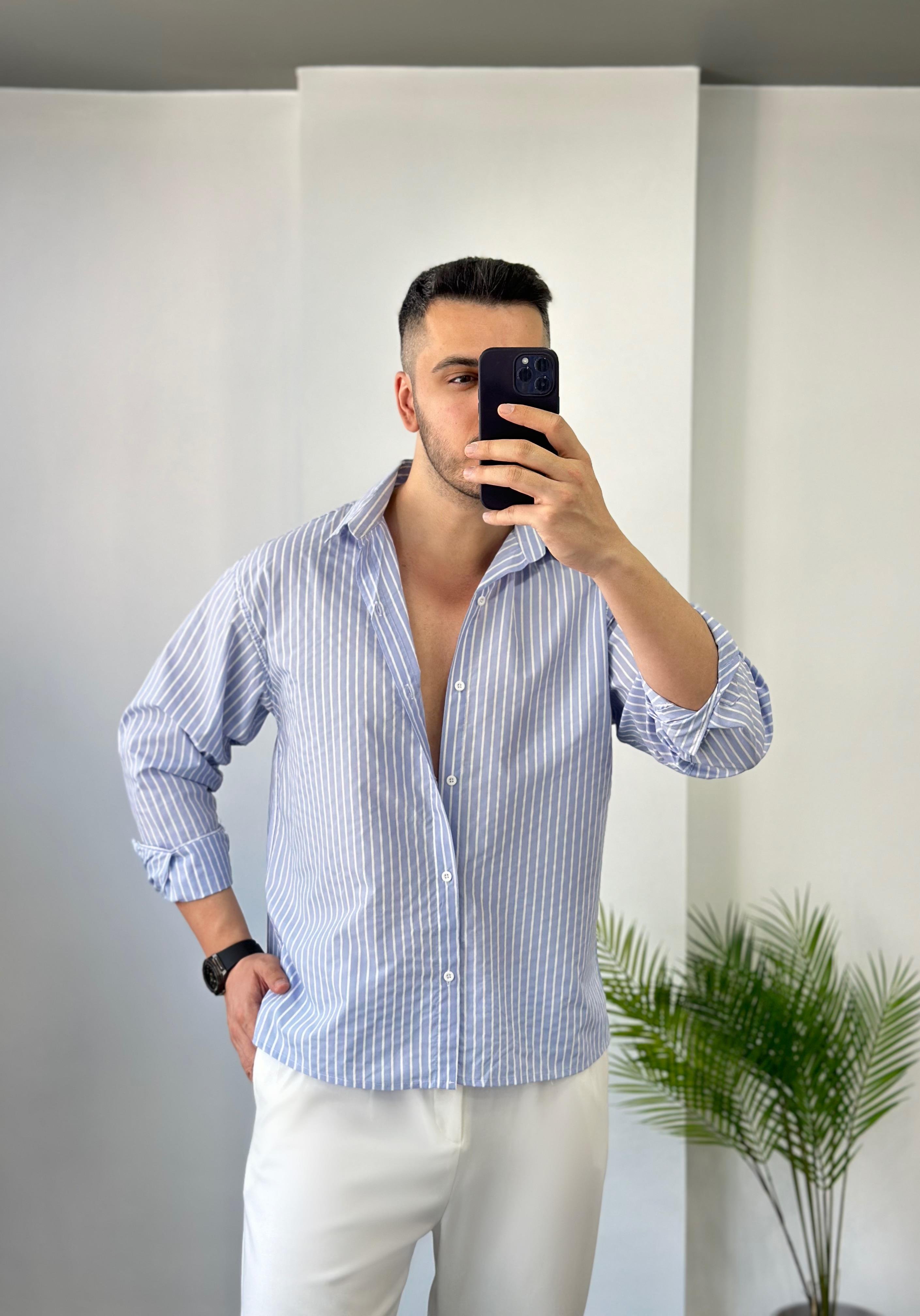 Terry Cotton Mavi Çizgili Oversize Gömlek 