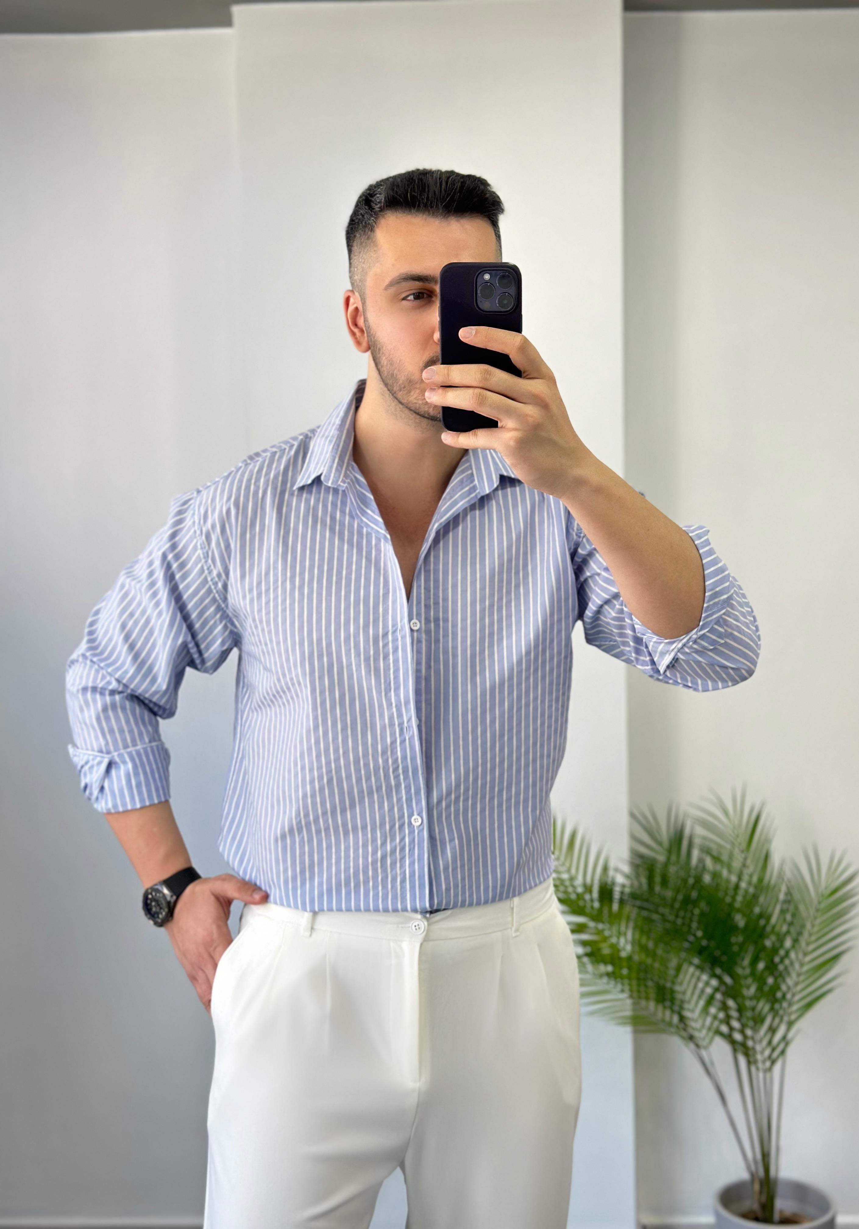 Terry Cotton Mavi Çizgili Oversize Gömlek 