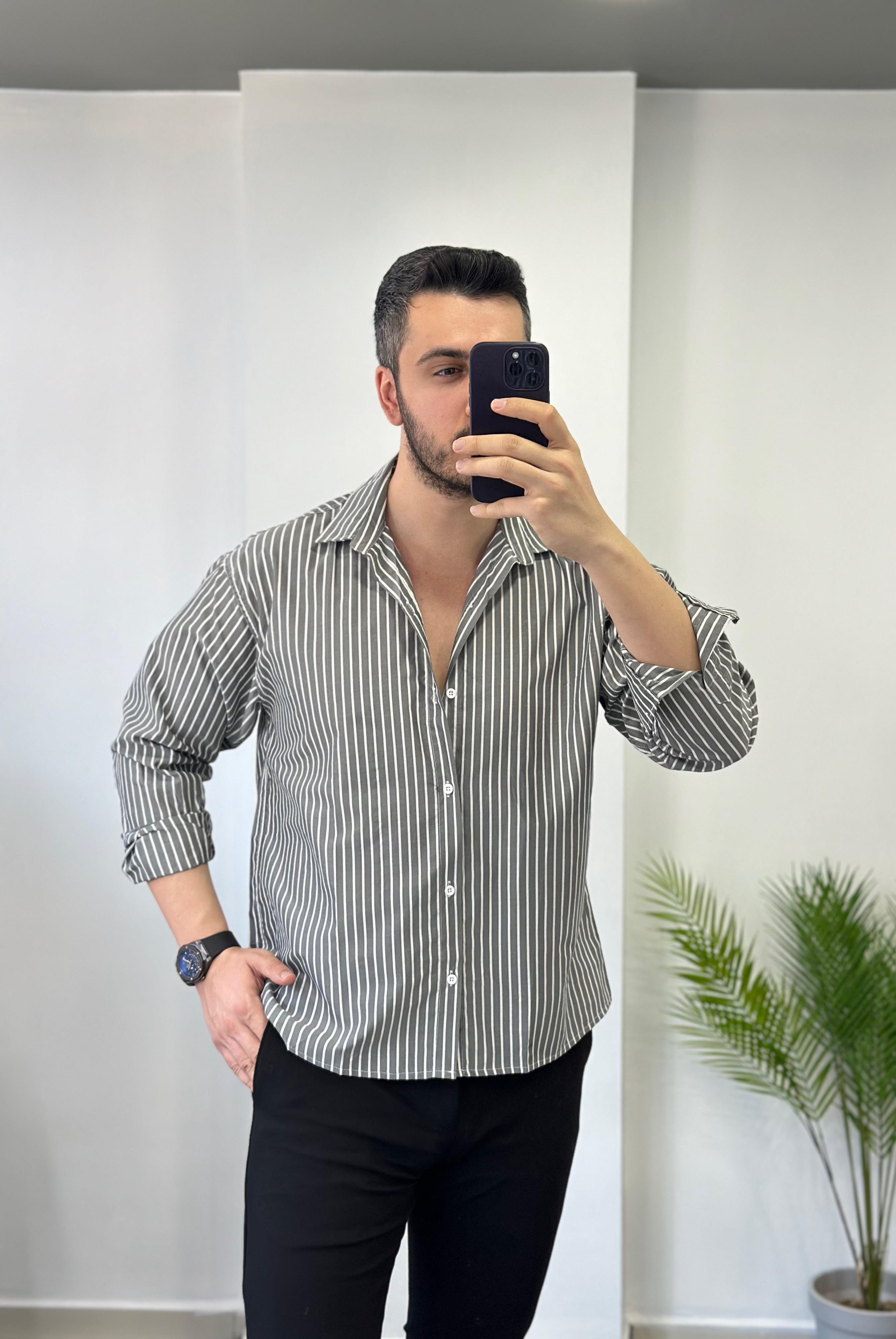 Terry Cotton Siyah Çizgili Oversize Gömlek 