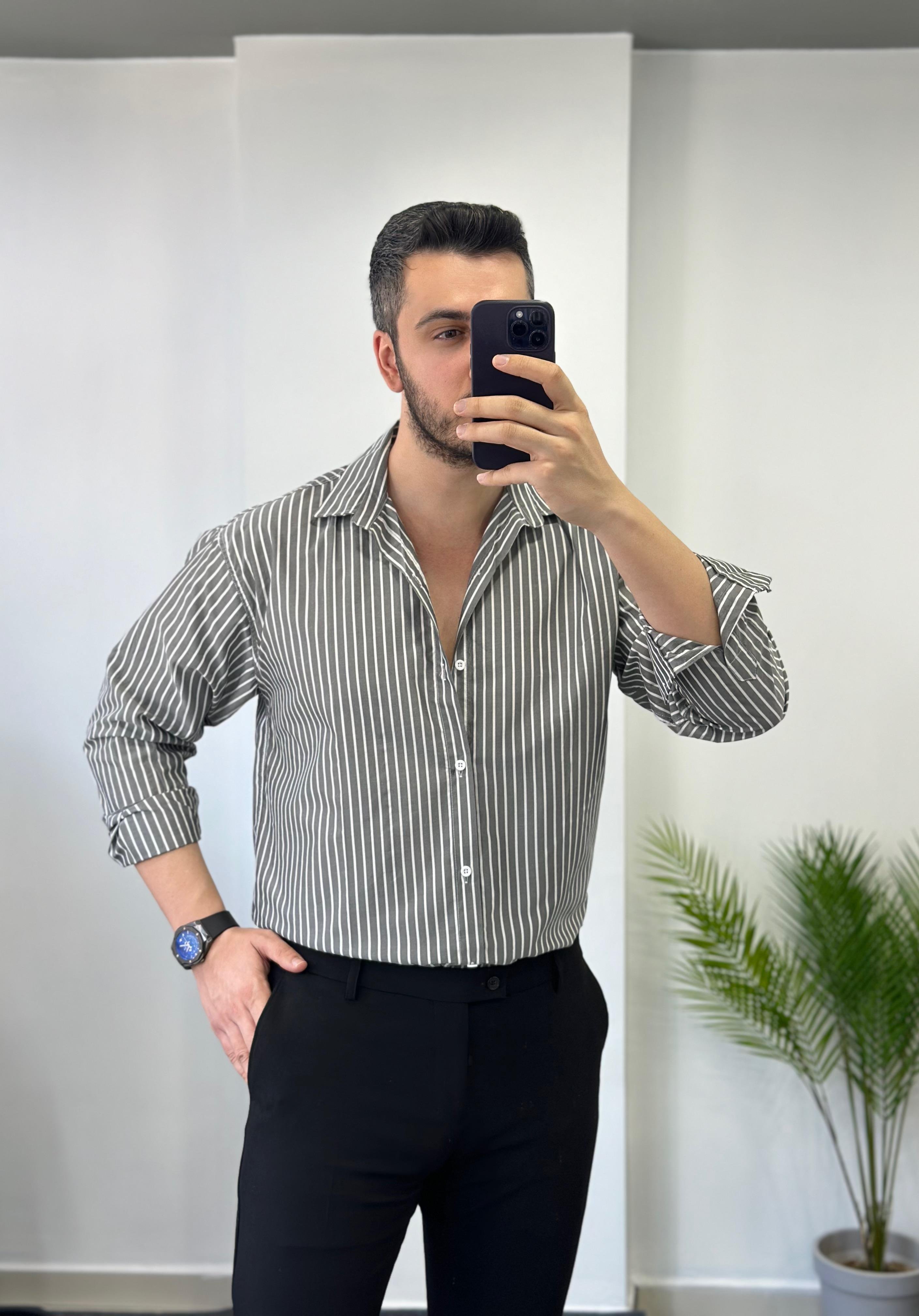 Terry Cotton Siyah Çizgili Oversize Gömlek 